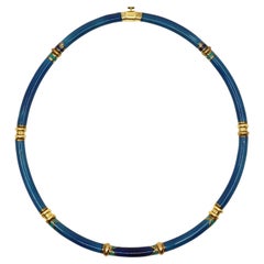 Vintage La Nouvelle Bague 18K Gold Turquoise Navy Enamel Necklace