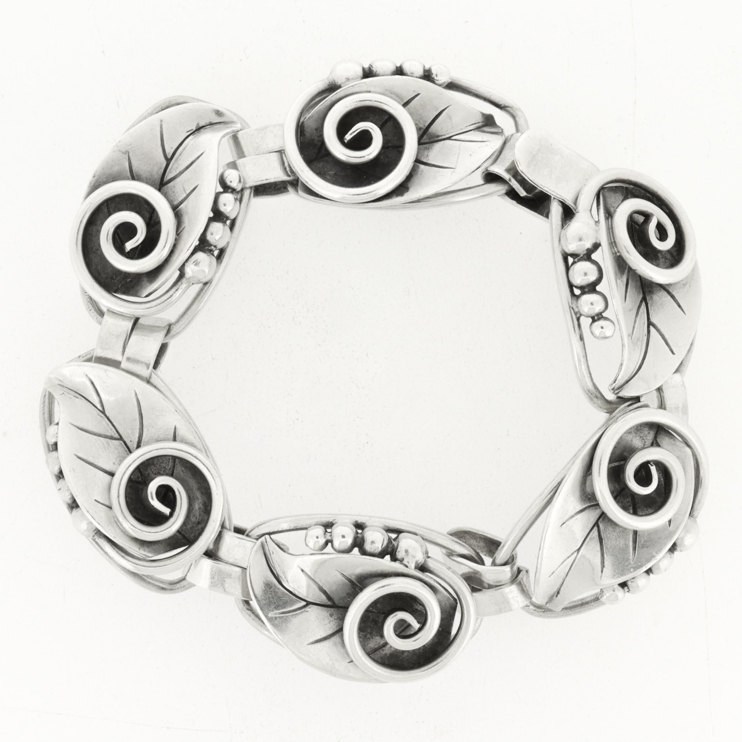 Donna Bracciale vintage La Paglia in argento 925 di metà secolo con maglie a forma di foglia in vendita