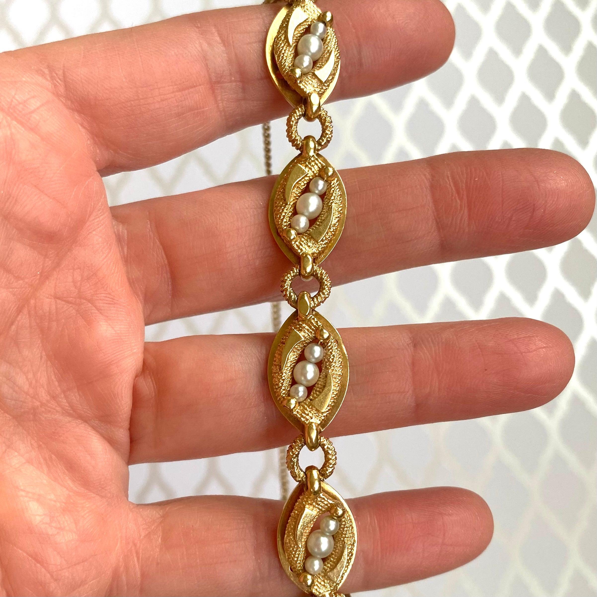 Women's Vintage La Triomphe 14K Yellow Gold and Pearl Bracelet For Sale