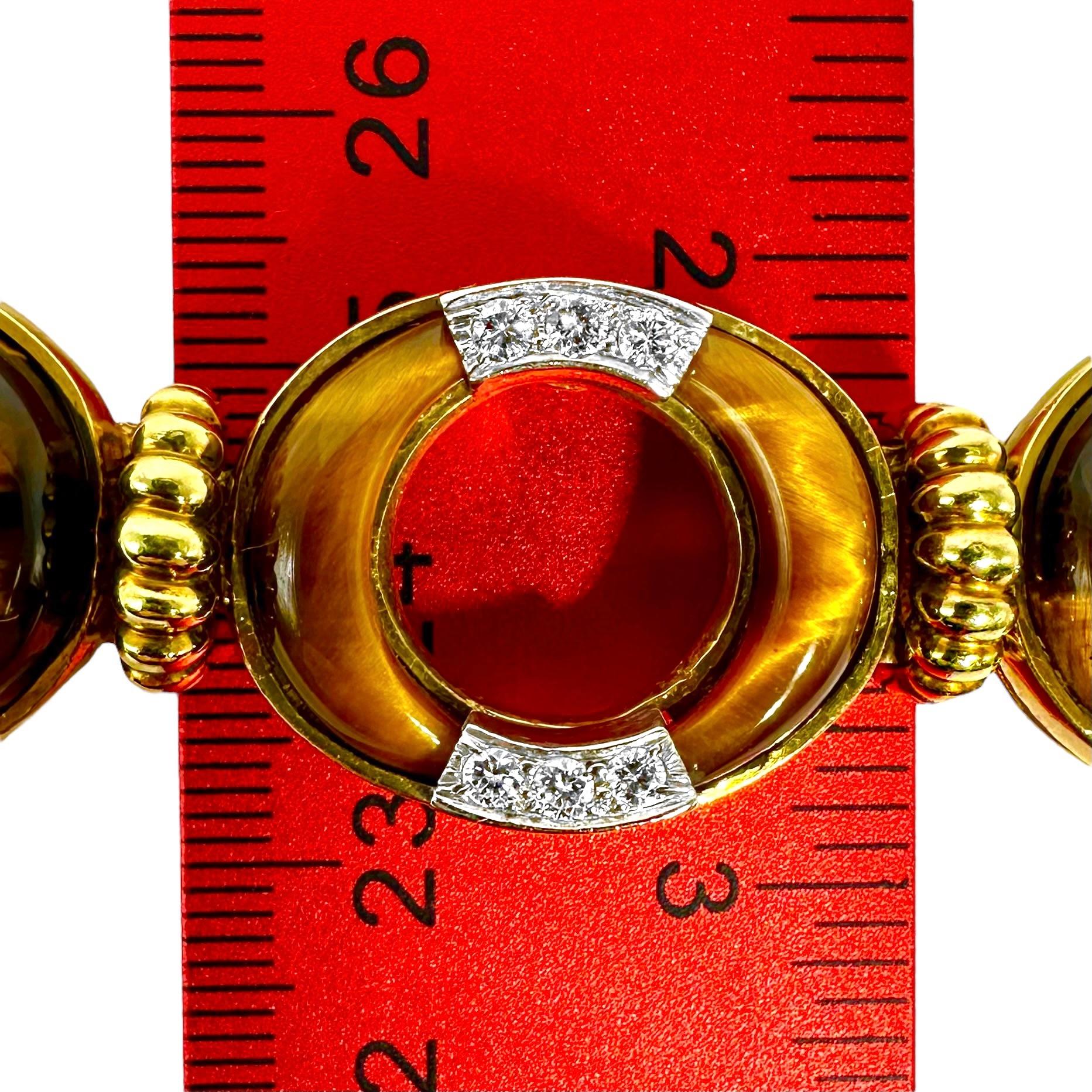 Vintage La Triomphe 18K Yellow Gold, Tigers-Eye and Diamond Bracelet For Sale 4