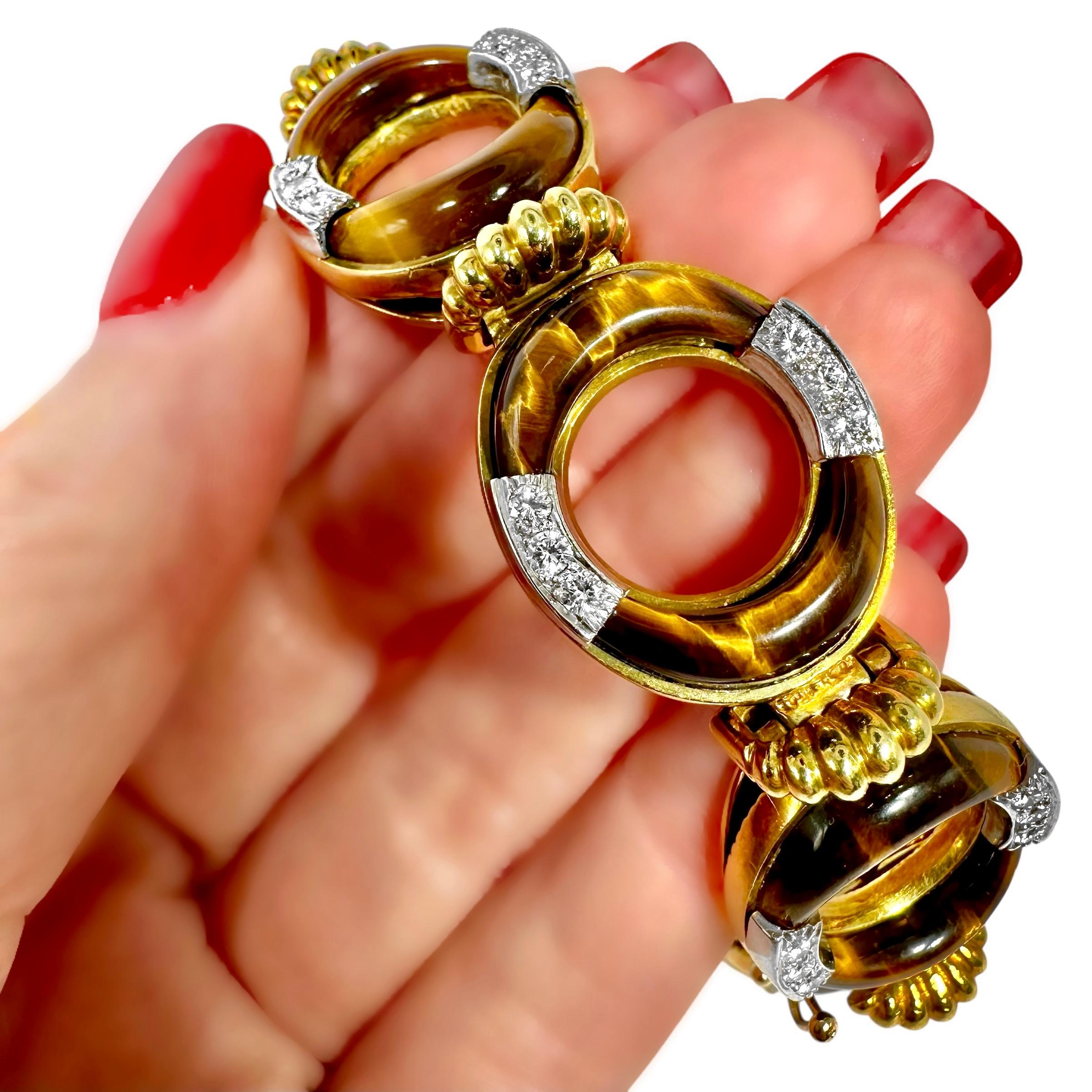 Vintage La Triomphe 18K Yellow Gold, Tigers-Eye and Diamond Bracelet For Sale 5