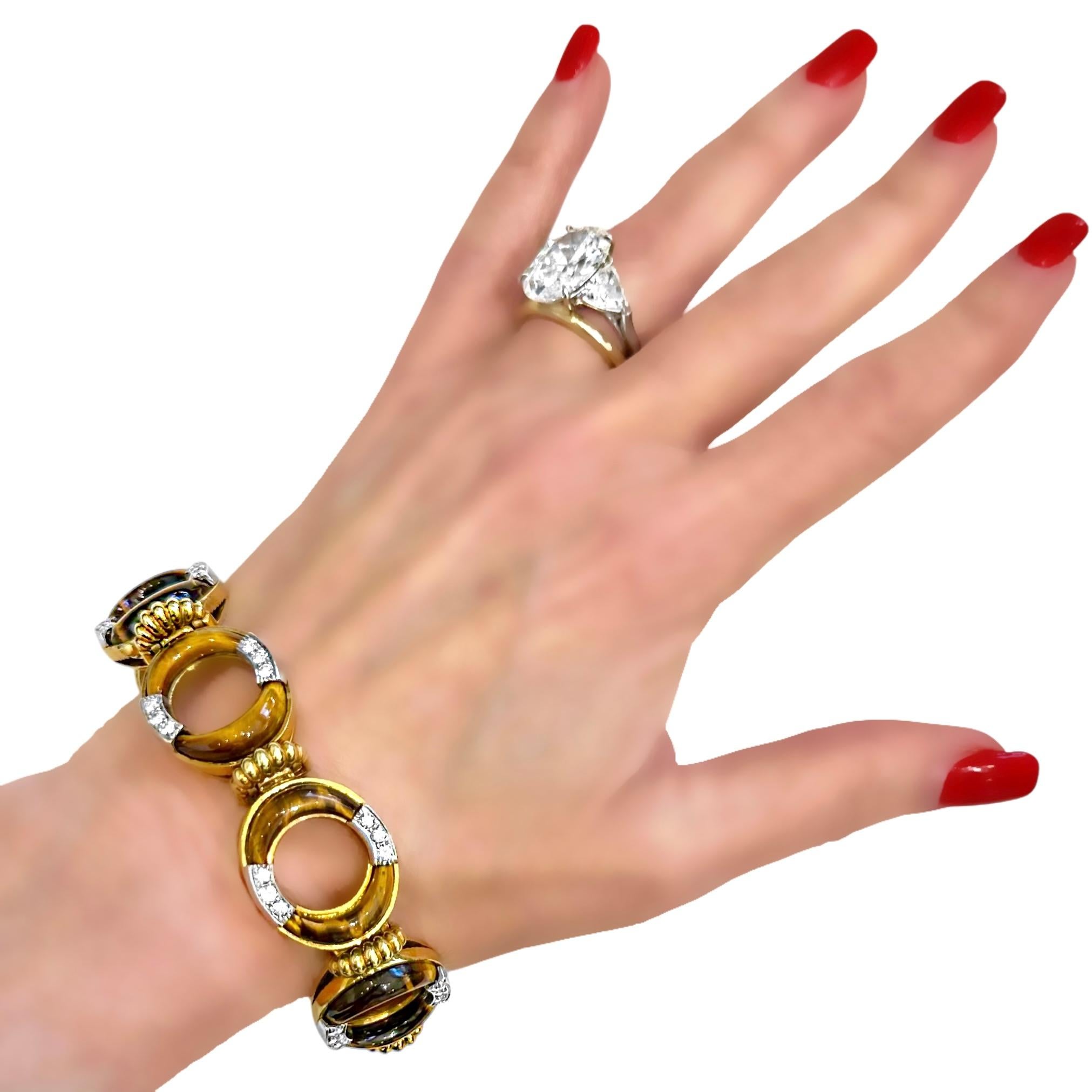 Vintage La Triomphe 18K Yellow Gold, Tigers-Eye and Diamond Bracelet For Sale 7