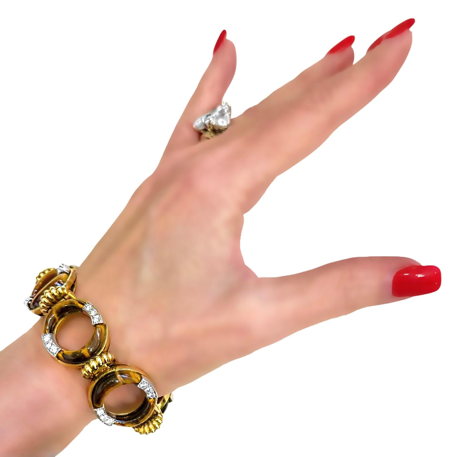 Vintage La Triomphe 18K Yellow Gold, Tigers-Eye and Diamond Bracelet For Sale 8