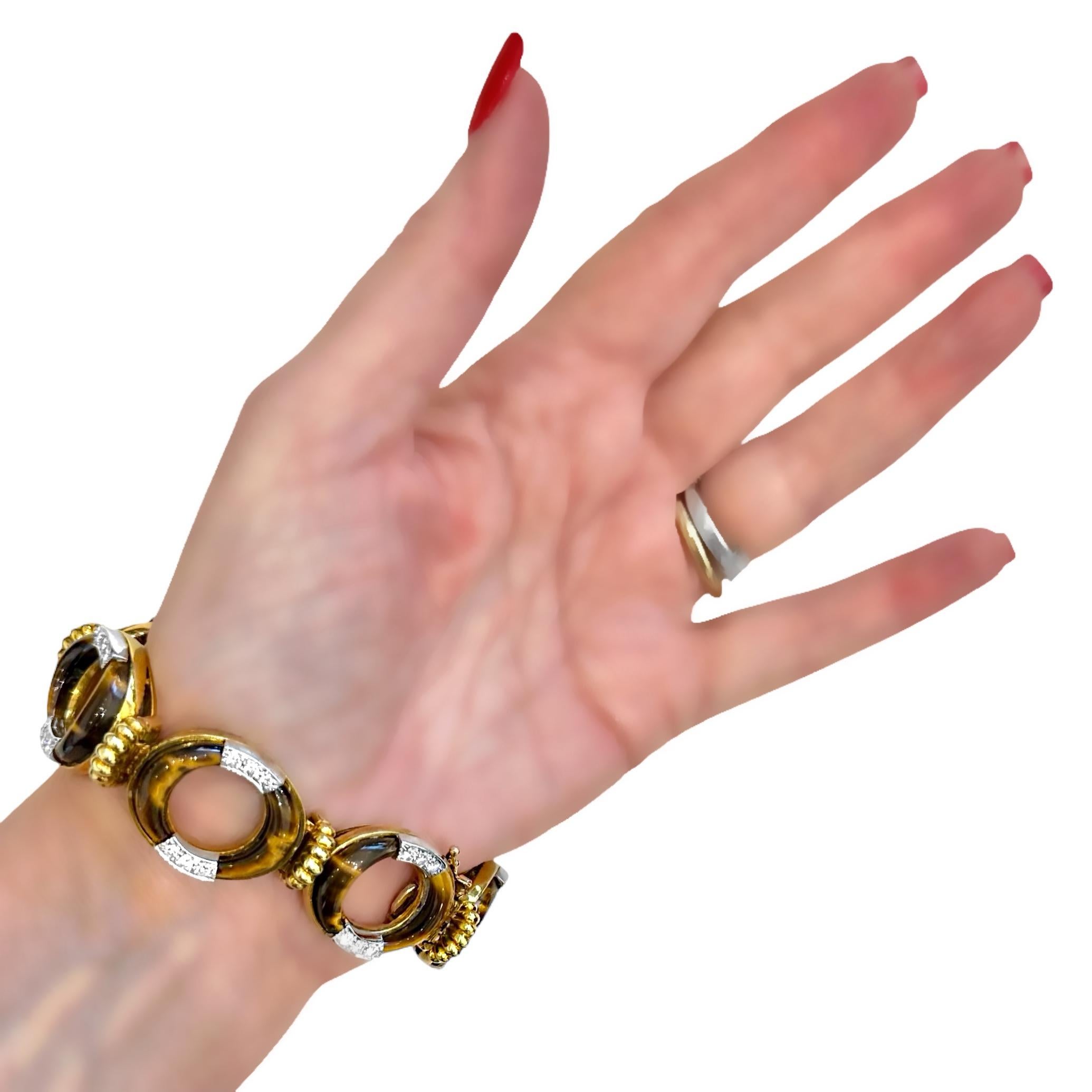 Vintage La Triomphe 18K Yellow Gold, Tigers-Eye and Diamond Bracelet For Sale 9