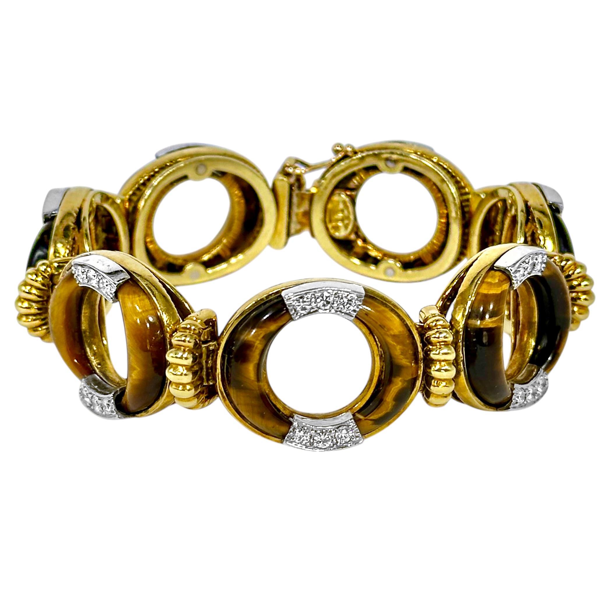 Modern Vintage La Triomphe 18K Yellow Gold, Tigers-Eye and Diamond Bracelet For Sale