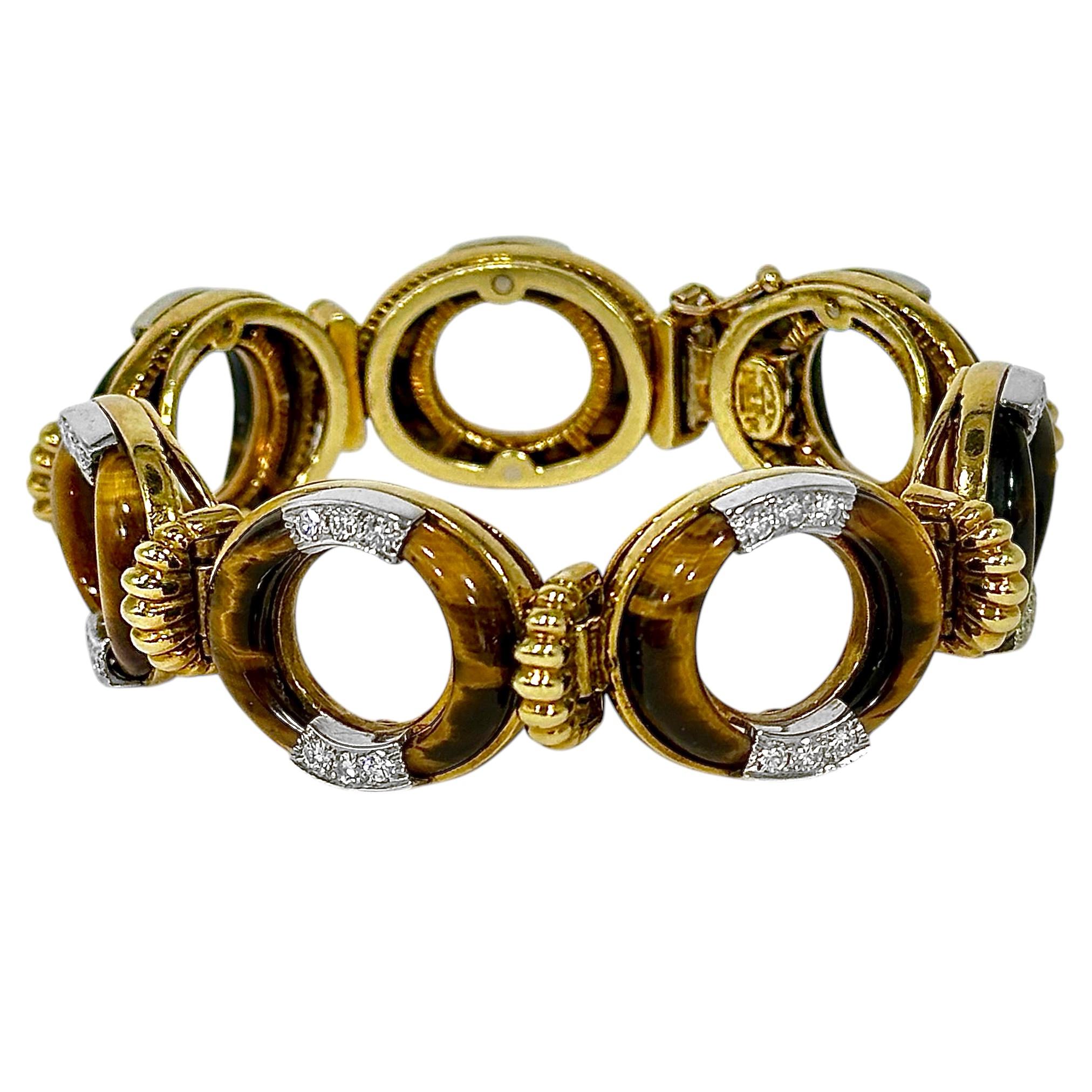 Brilliant Cut Vintage La Triomphe 18K Yellow Gold, Tigers-Eye and Diamond Bracelet For Sale