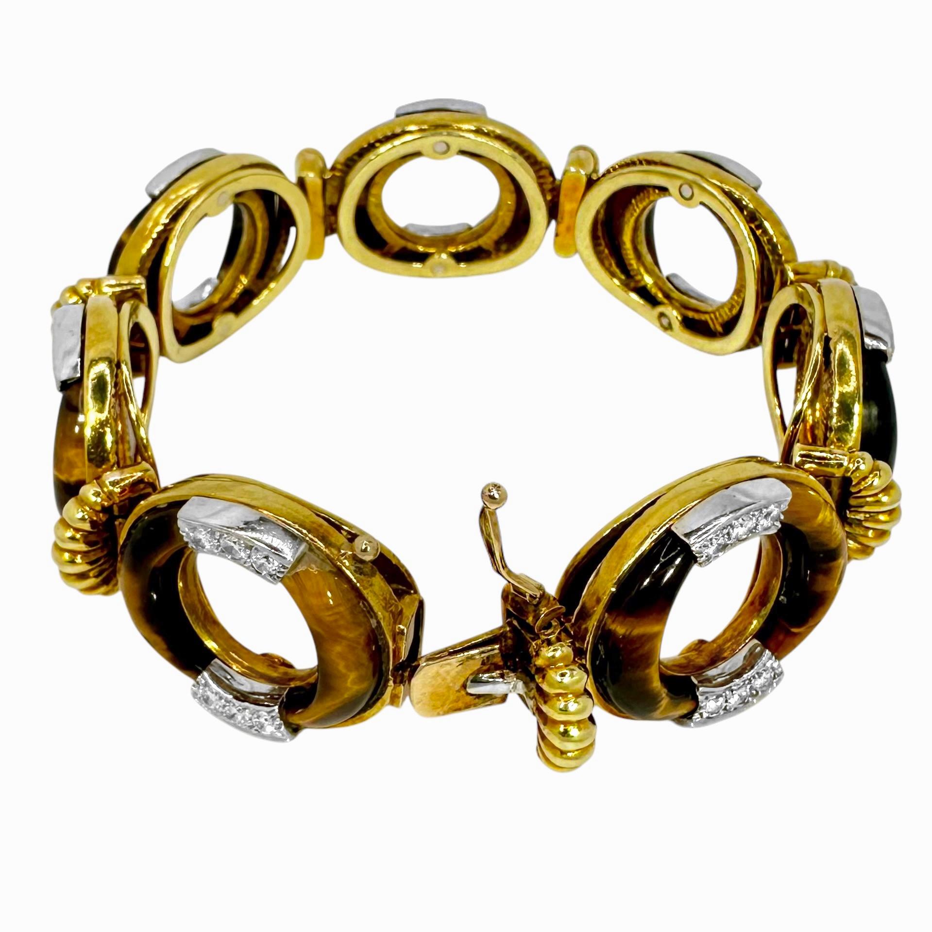 Vintage La Triomphe 18K Yellow Gold, Tigers-Eye and Diamond Bracelet In Good Condition For Sale In Palm Beach, FL