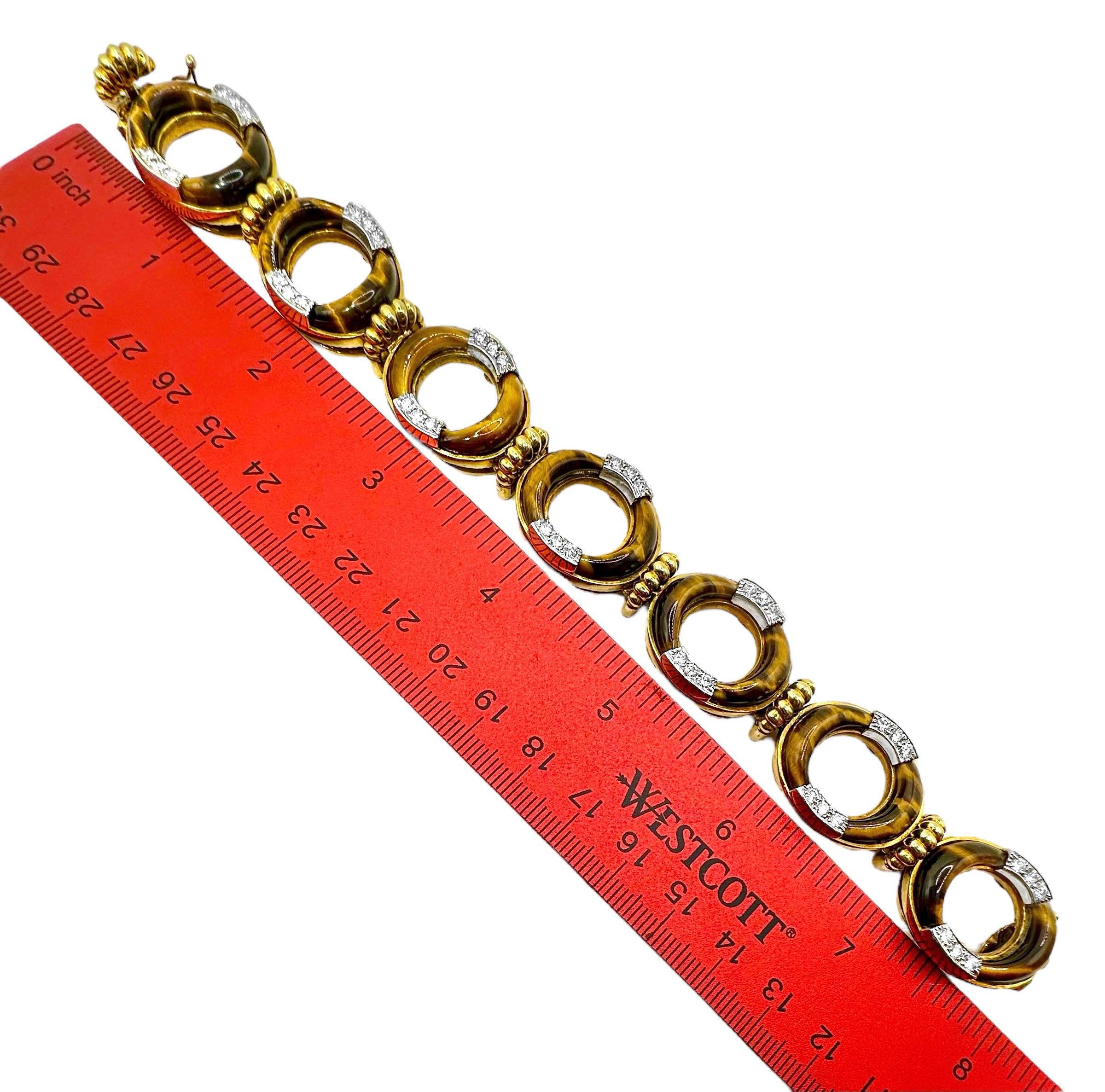 Vintage La Triomphe 18K Yellow Gold, Tigers-Eye and Diamond Bracelet For Sale 2