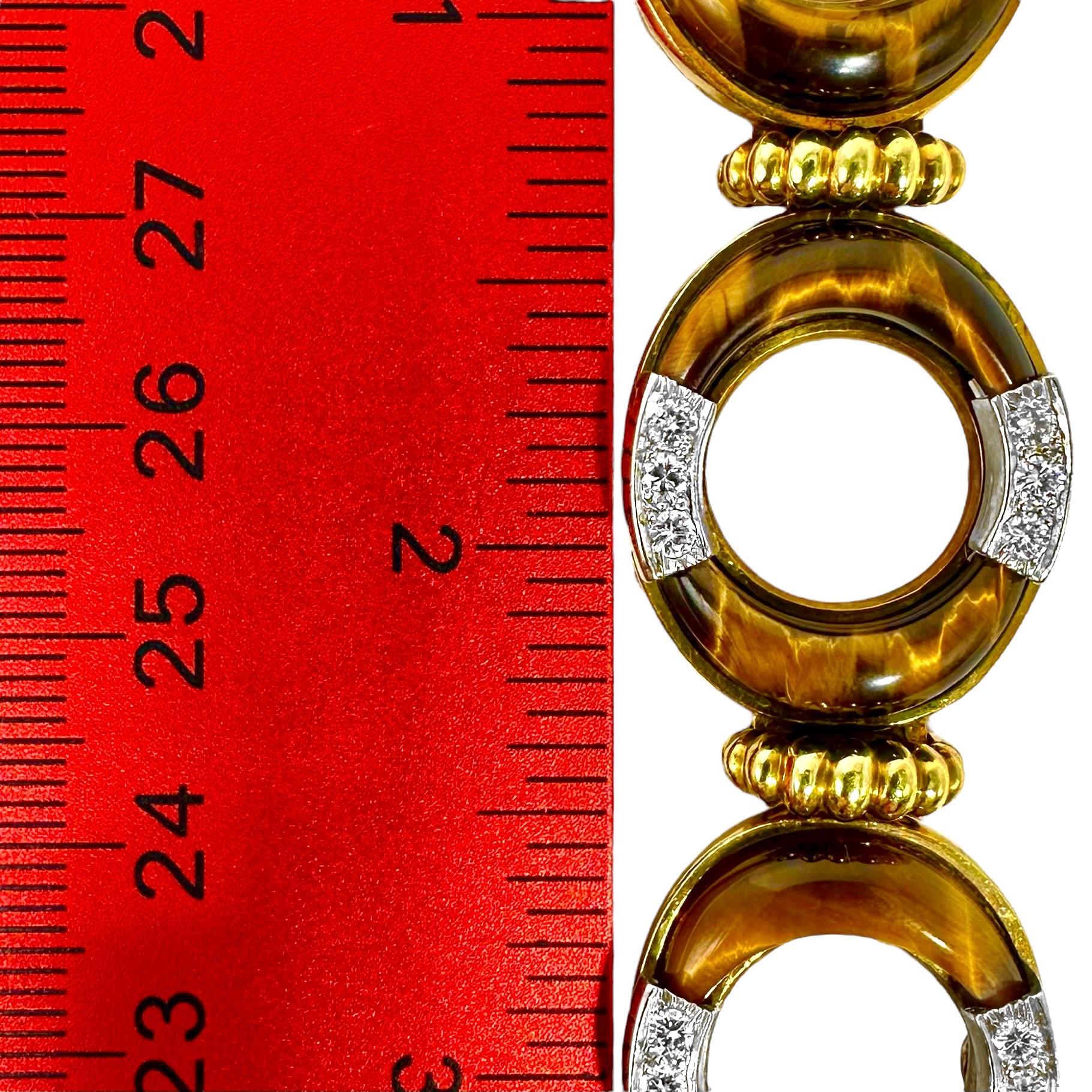 Vintage La Triomphe 18K Yellow Gold, Tigers-Eye and Diamond Bracelet For Sale 3