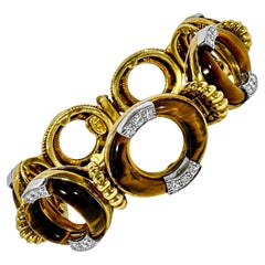 Vintage La Triomphe 18K Yellow Gold, Tigers-Eye and Diamond Bracelet
