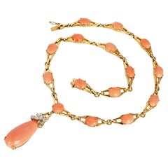 Vintage  La Triomphe Coral Diamond 18K Gold Tear Drop Collar Necklace