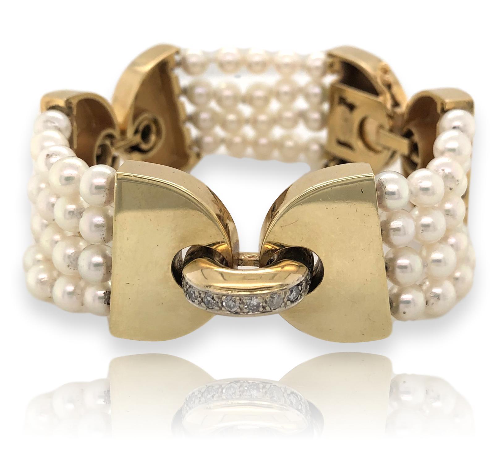 14k modernist diamond Multi-strand pearl bracelet by La Triomphe. The 7