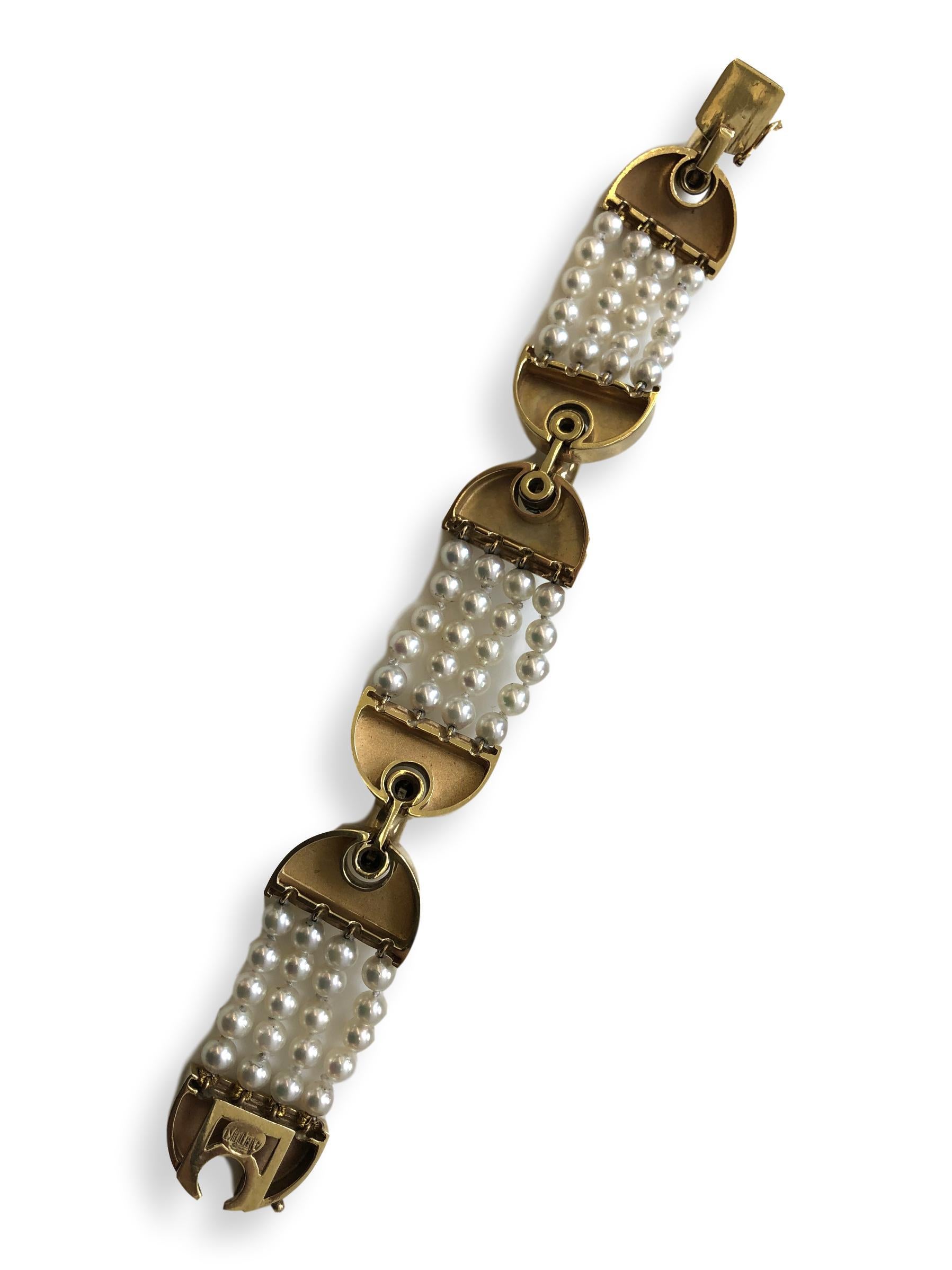 Modernist Vintage La Triomphe Gold Diamond and Pearl Bracelet, 1970s