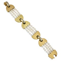 Vintage La Triomphe Gold Diamond and Pearl Bracelet, 1970s