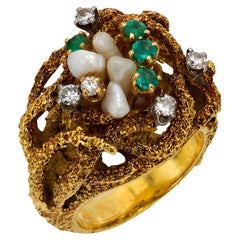 Vintage La Triomphe pearl emerald diamond 18k yellow gold ring
