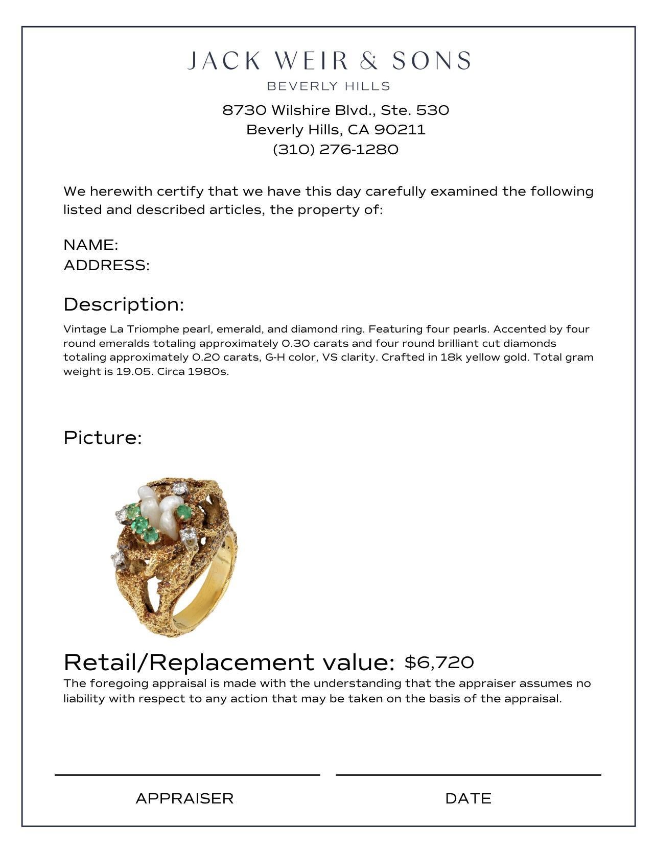 Vintage La Triomphe pearl emerald diamond 18k yellow gold ring In Excellent Condition For Sale In Beverly Hills, CA