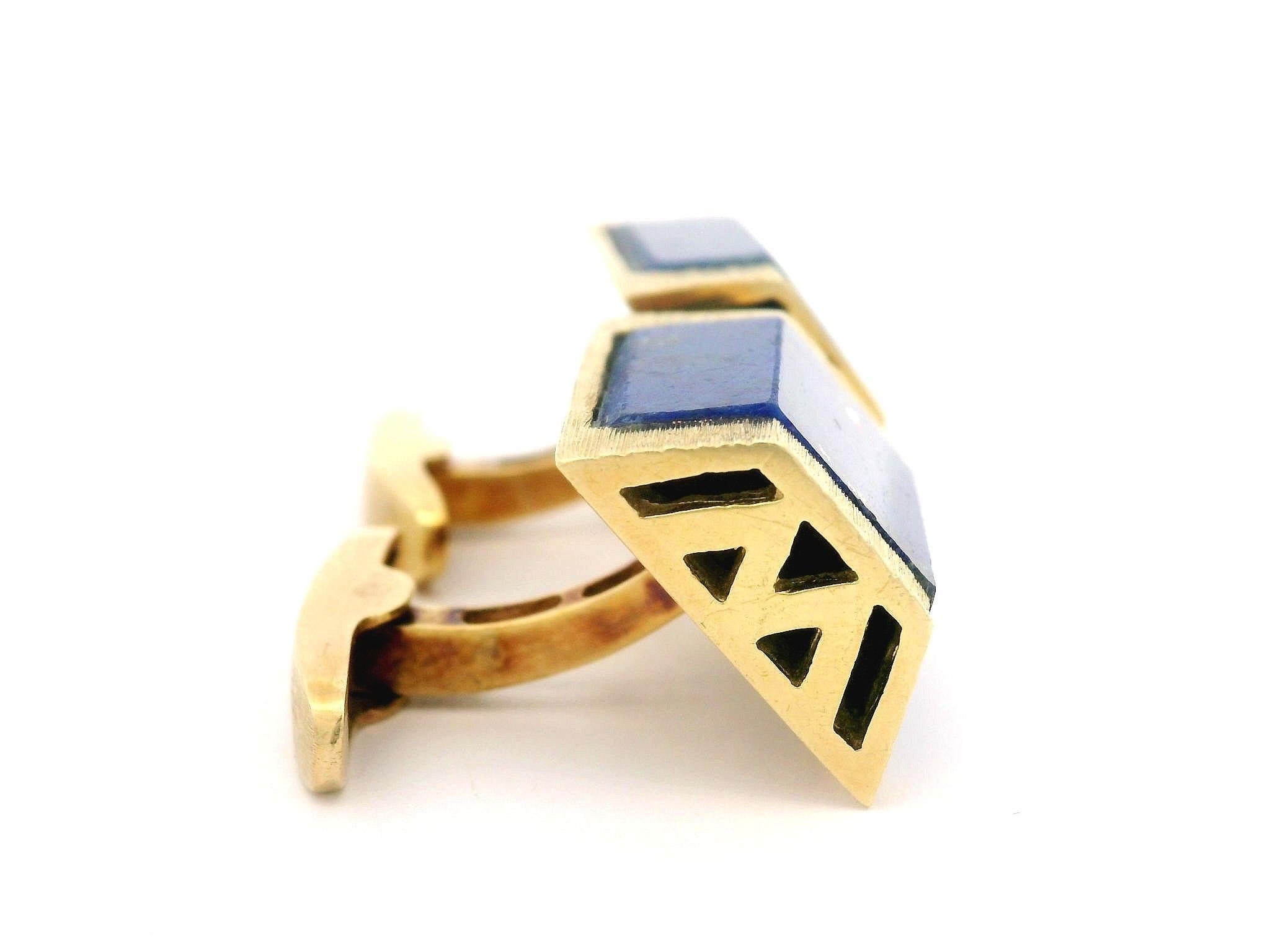 Vintage La Triomphe Yellow Gold Custom Blue Lapis Textured Geometric Cufflinks For Sale 3