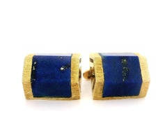 Vintage La Triomphe Yellow Gold Custom Blue Lapis Textured Geometric Cufflinks