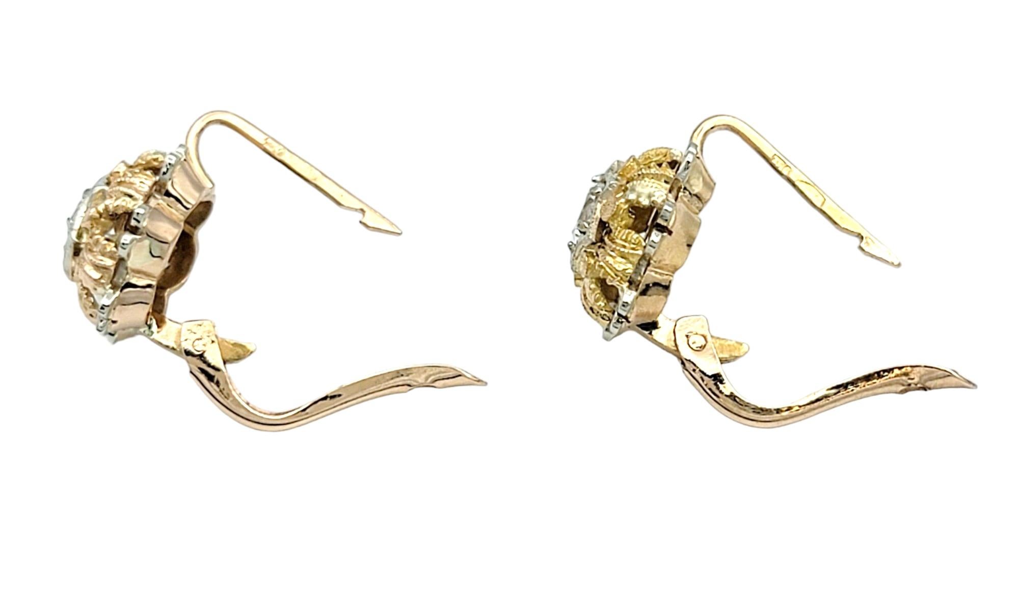 Women's Vintage Lab Created Spinel Flower Motif Earrings Set in Multi-Tone 18 Karat Gold For Sale