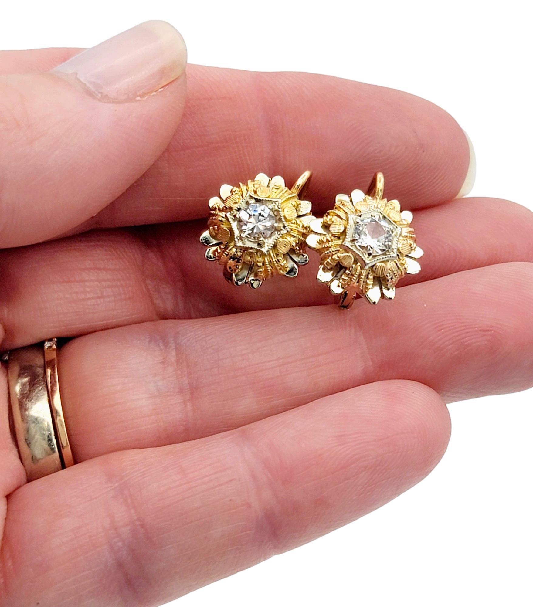 Vintage Lab Created Spinel Flower Motif Earrings Set in Multi-Tone 18 Karat Gold For Sale 2