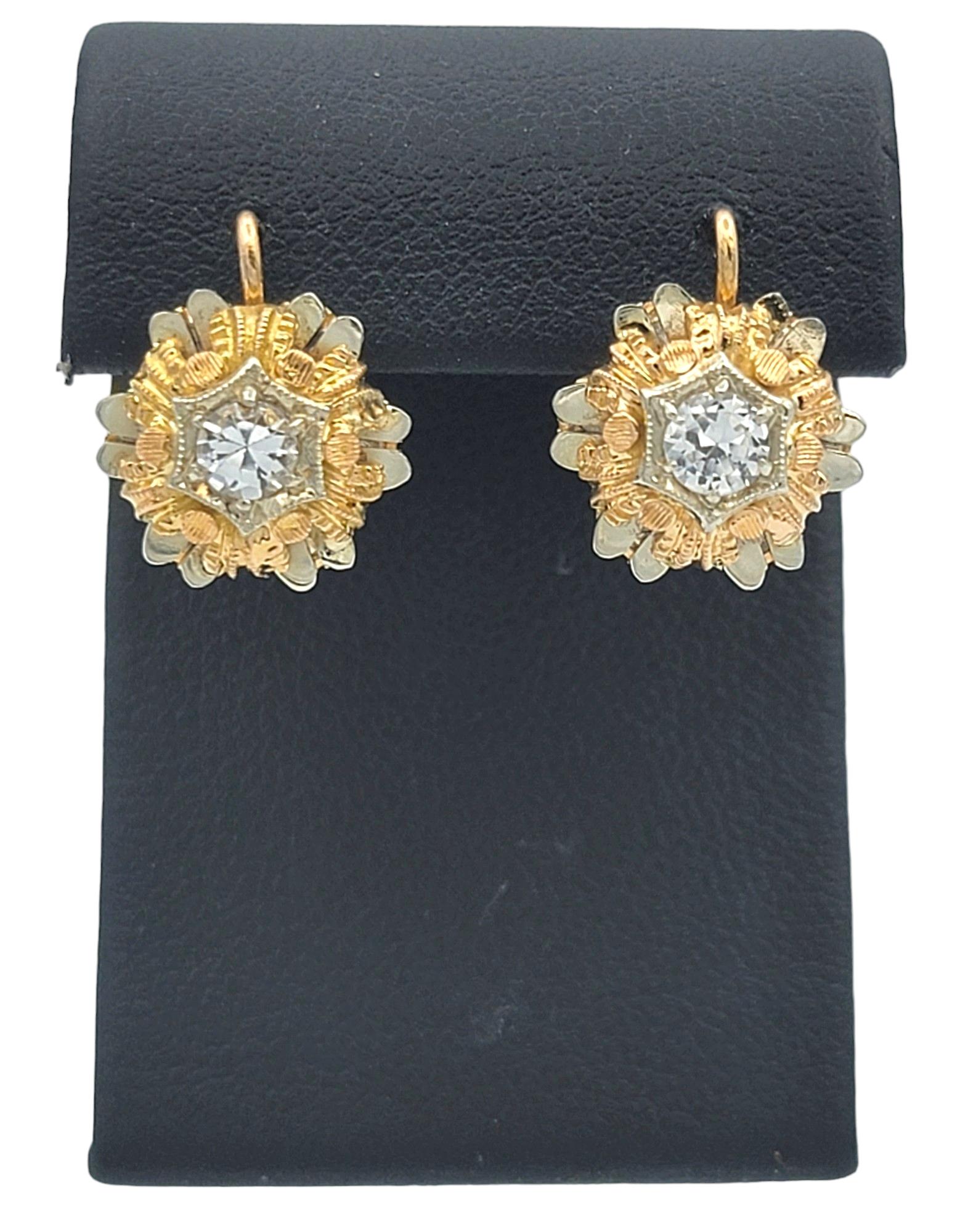 Vintage Lab Created Spinel Flower Motif Earrings Set in Multi-Tone 18 Karat Gold For Sale 3