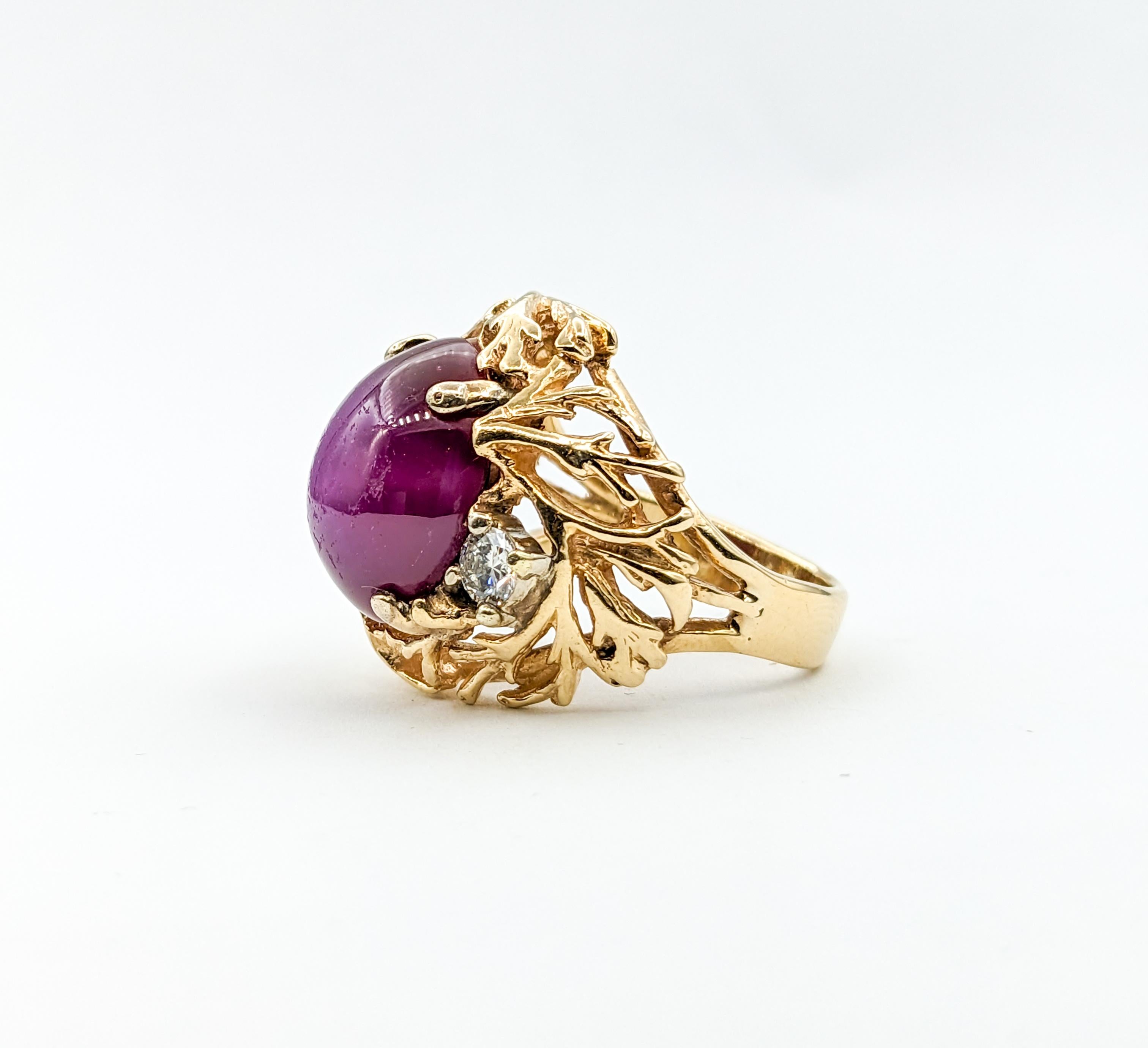 Vintage Lab Star Ruby & Diamond Statement Ring in 14K Gold For Sale 3