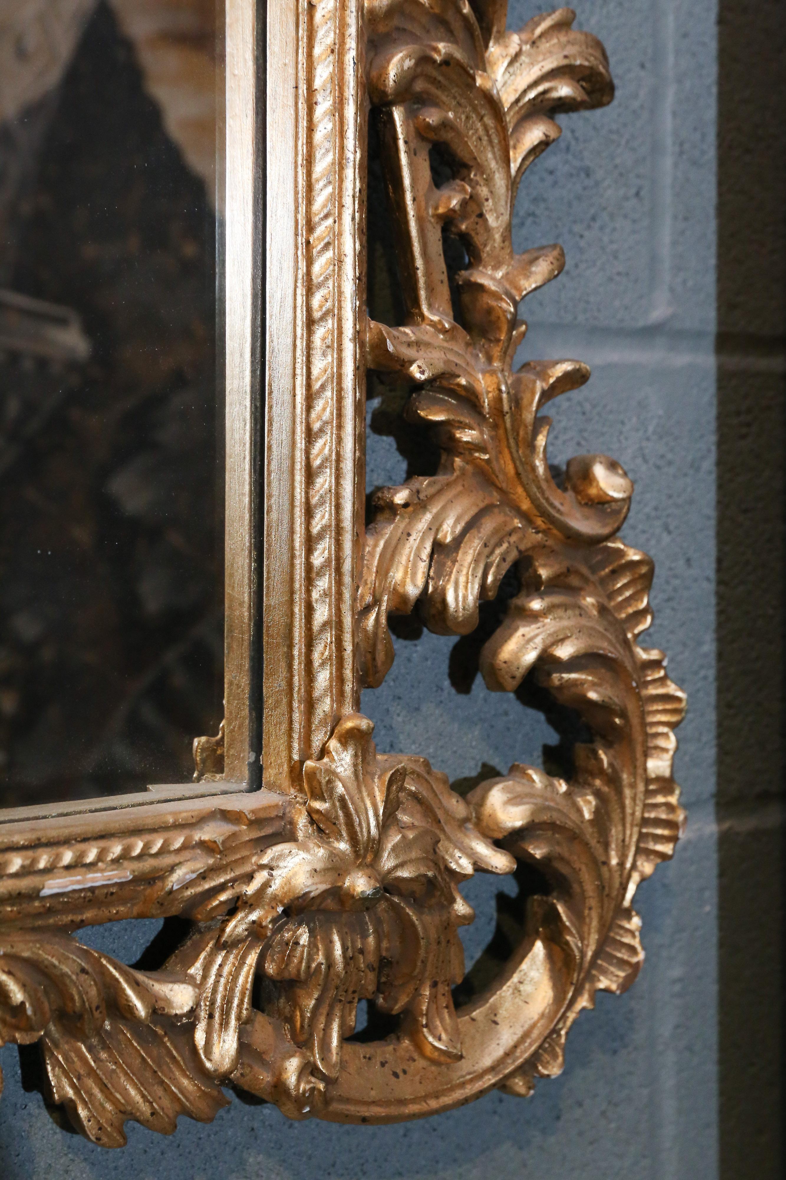 Vintage Rococo mirror in gold leaf frame carved with acanthus leaf and floral design.