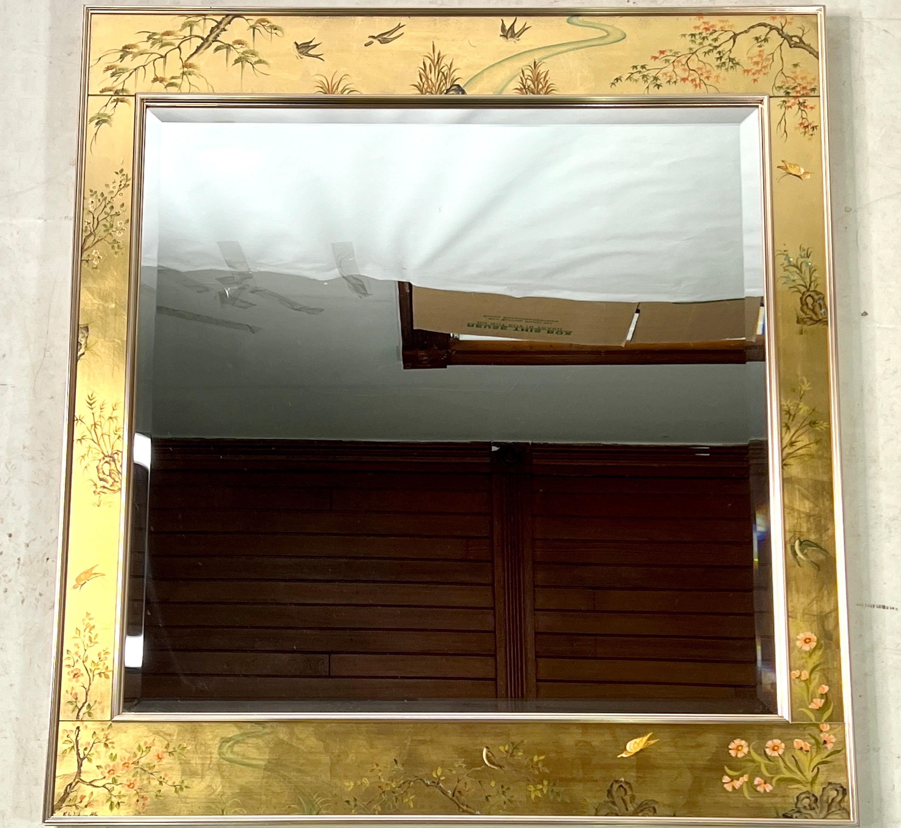 Mid-Century Modern Vintage LaBarge Gold Chinoiserie Handpainted & Signed Mirror For Sale