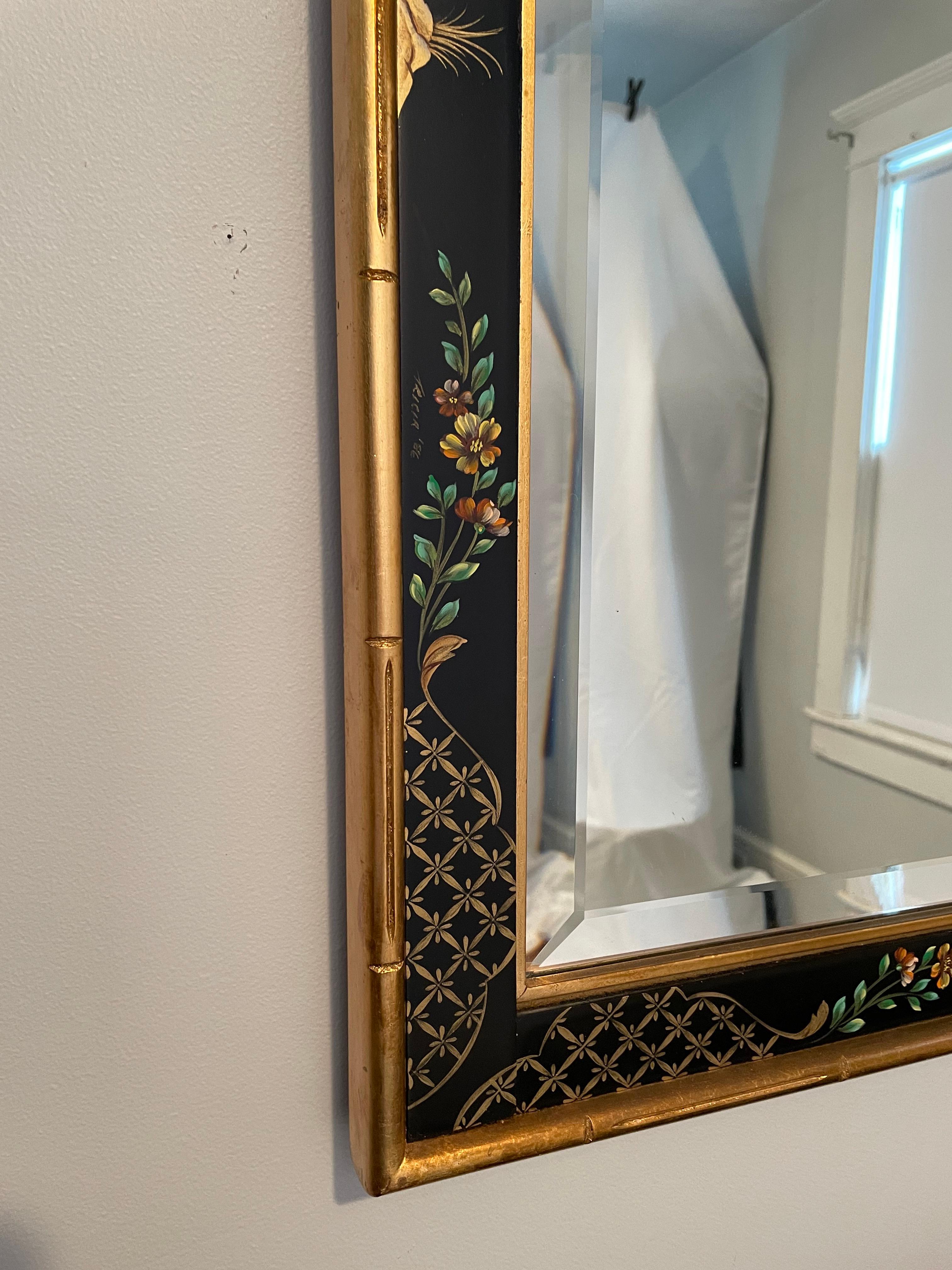 American Vintage Labarge Hand Painted Chinoiserie Mirror with Gilt Faux Bamboo Frame