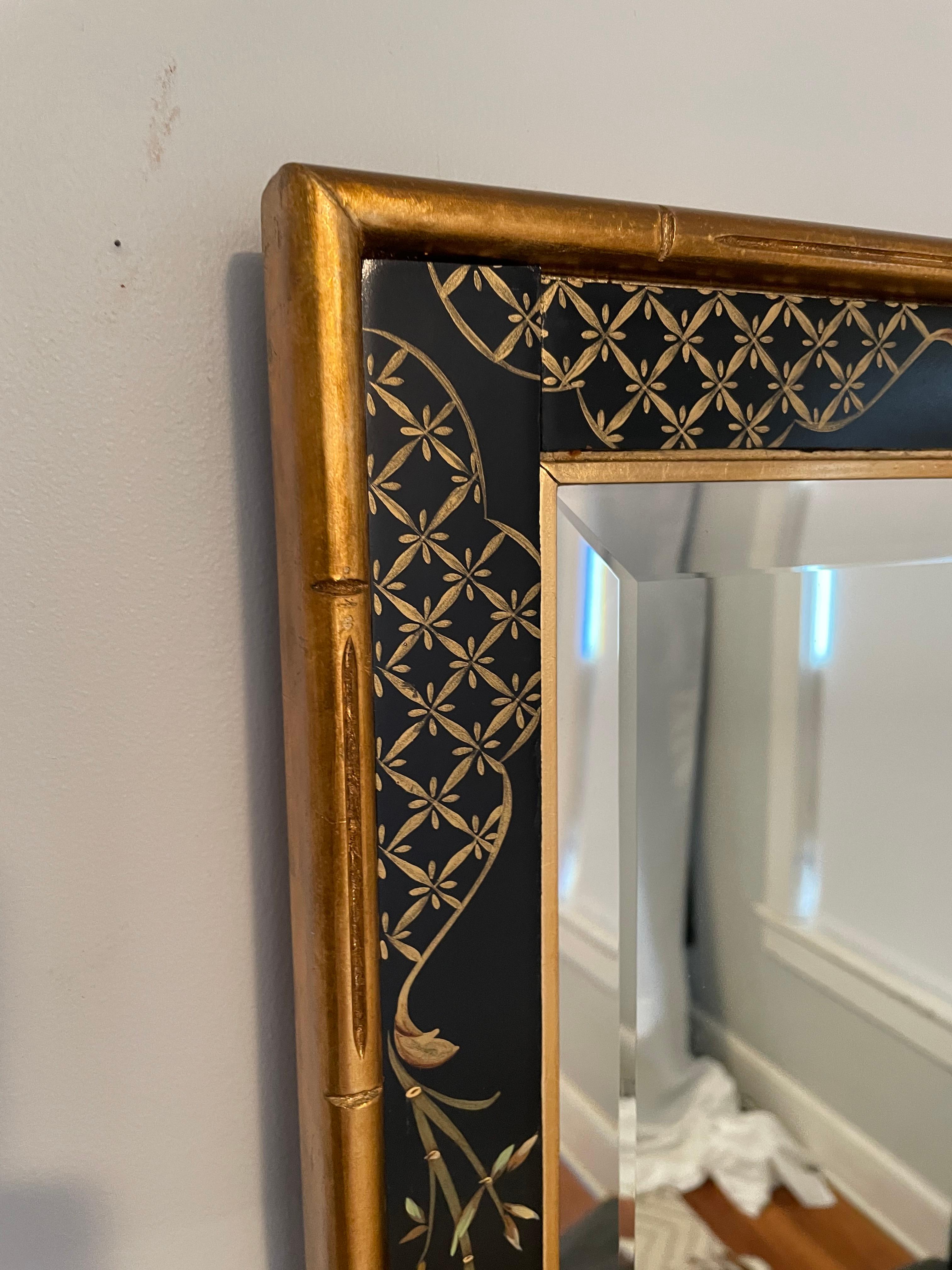 Vintage Labarge Hand Painted Chinoiserie Mirror with Gilt Faux Bamboo Frame 2