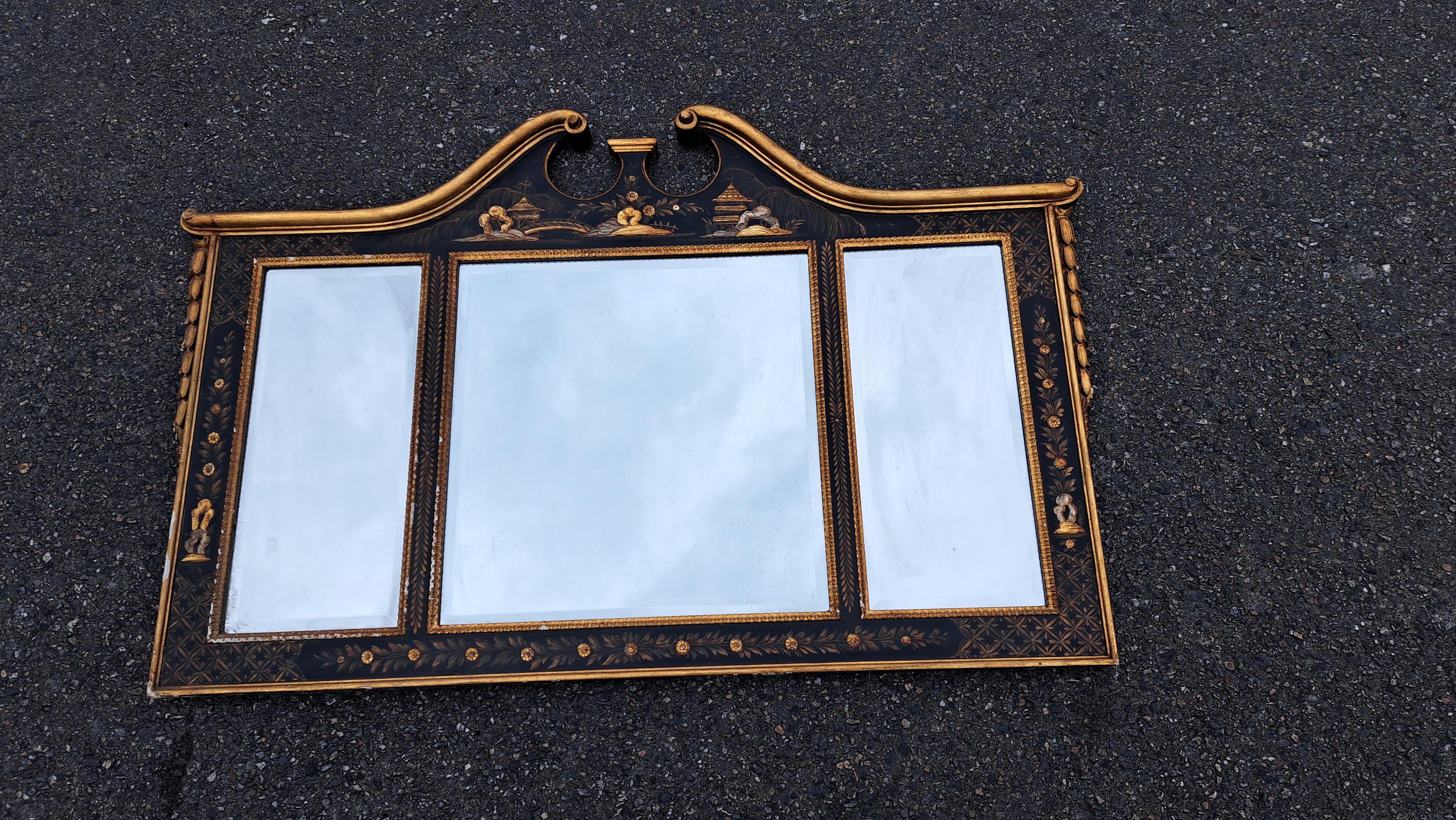 Impressive antique gilt and black painted Chinoiserie three panel beveled mirror . Made in Italy by leading mirror maker La Barge.