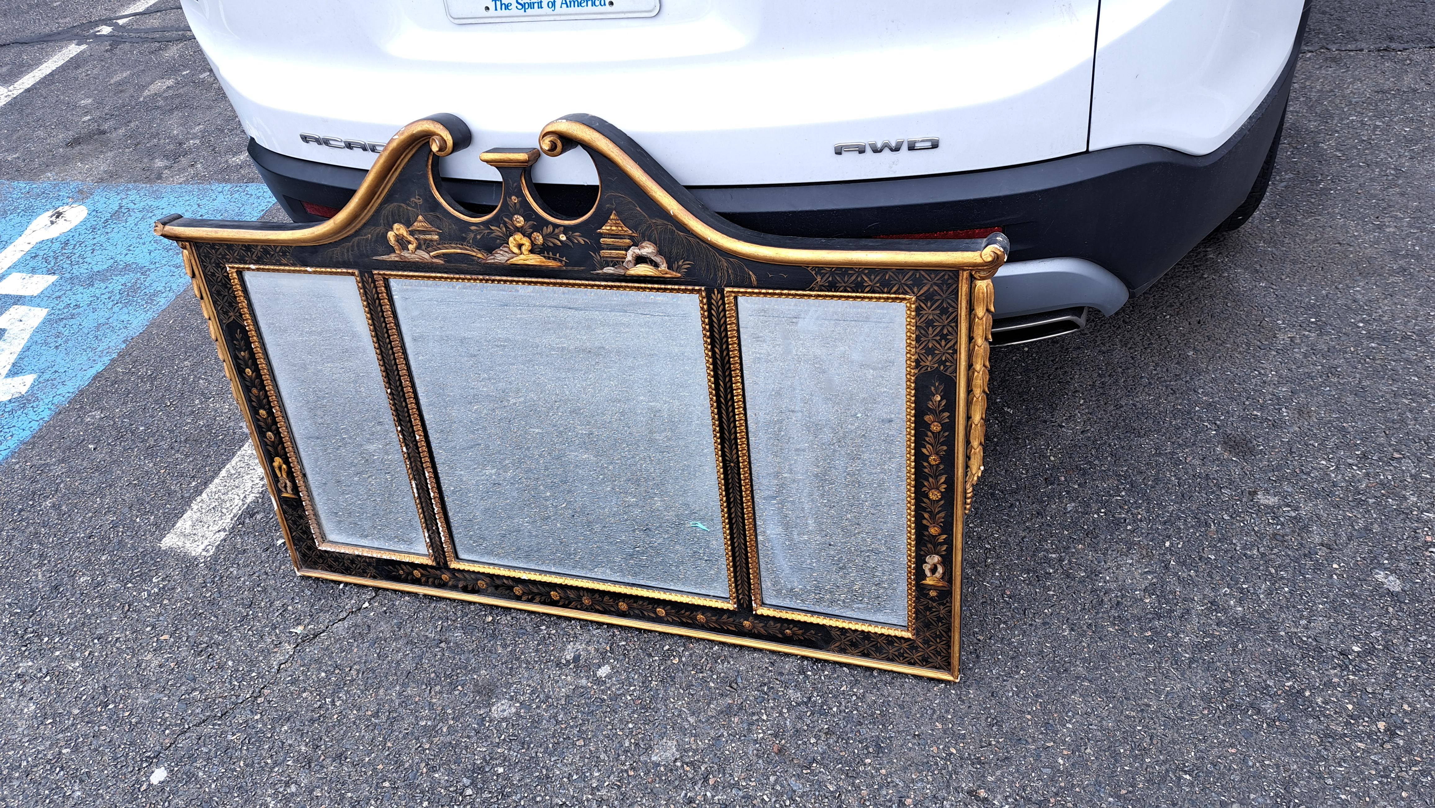 Italian Vintage LaBarge Three Panel Chinoiserie Beveled Mirror For Sale