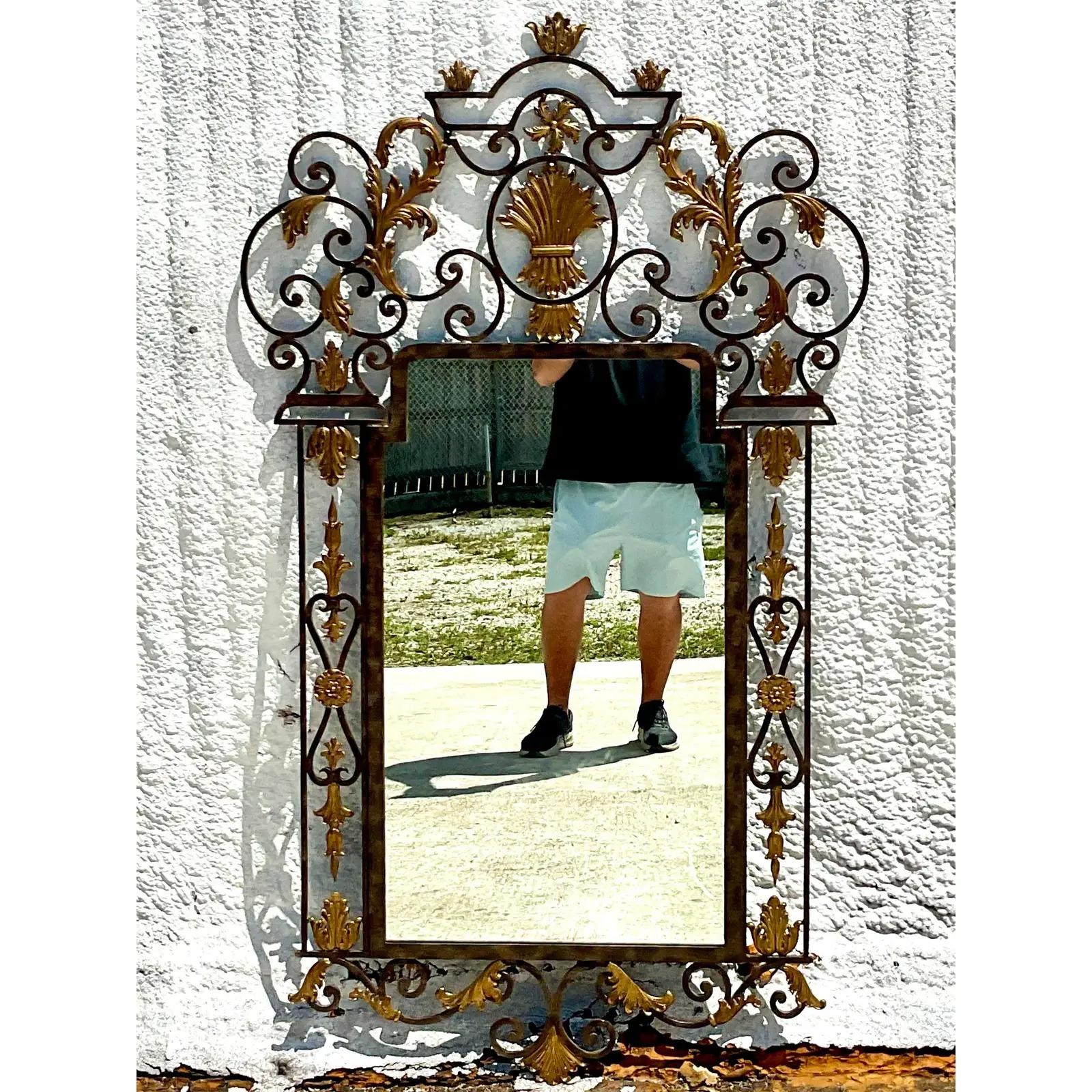 Hollywood Regency Vintage Labarge Wrought Iron and Gilt Mirror For Sale