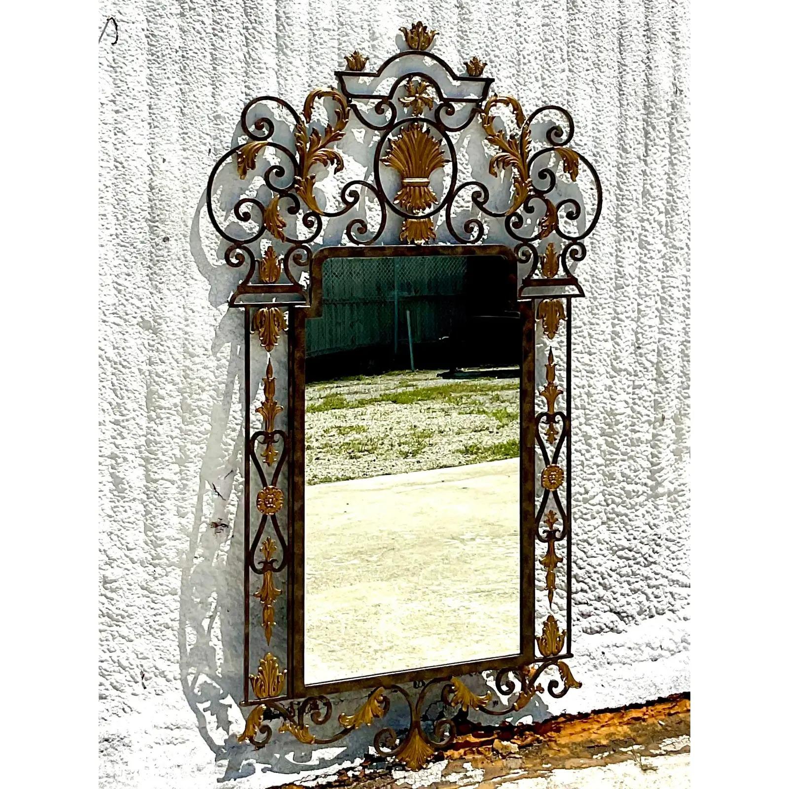 Vintage Labarge Wrought Iron and Gilt Mirror In Good Condition For Sale In west palm beach, FL