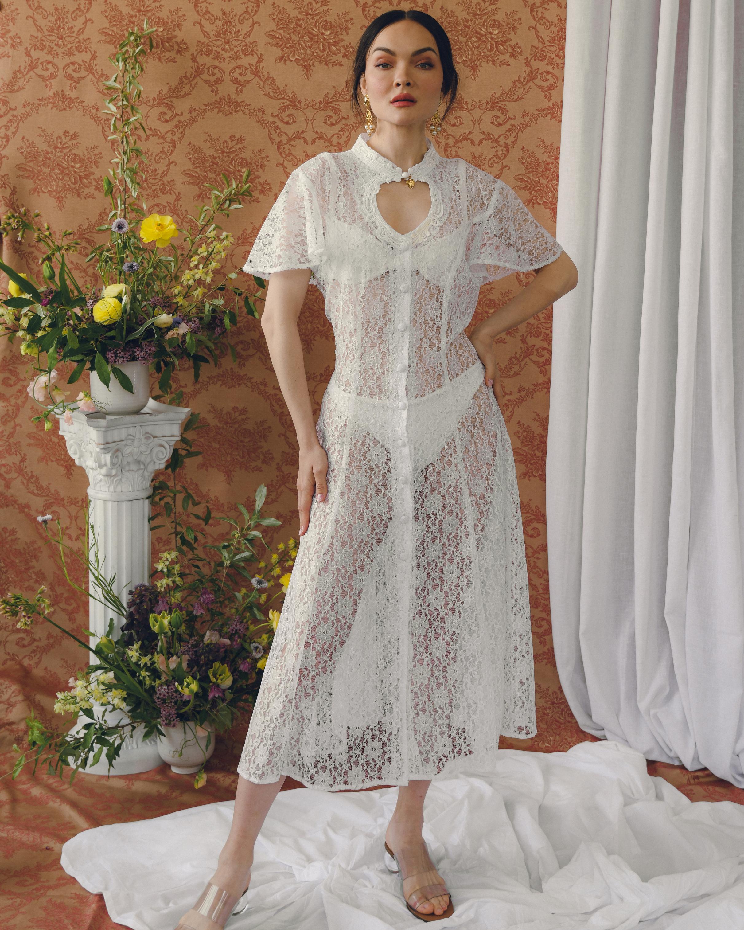 Brown Vintage Lace Dress With Cut-Out Neckline For Sale
