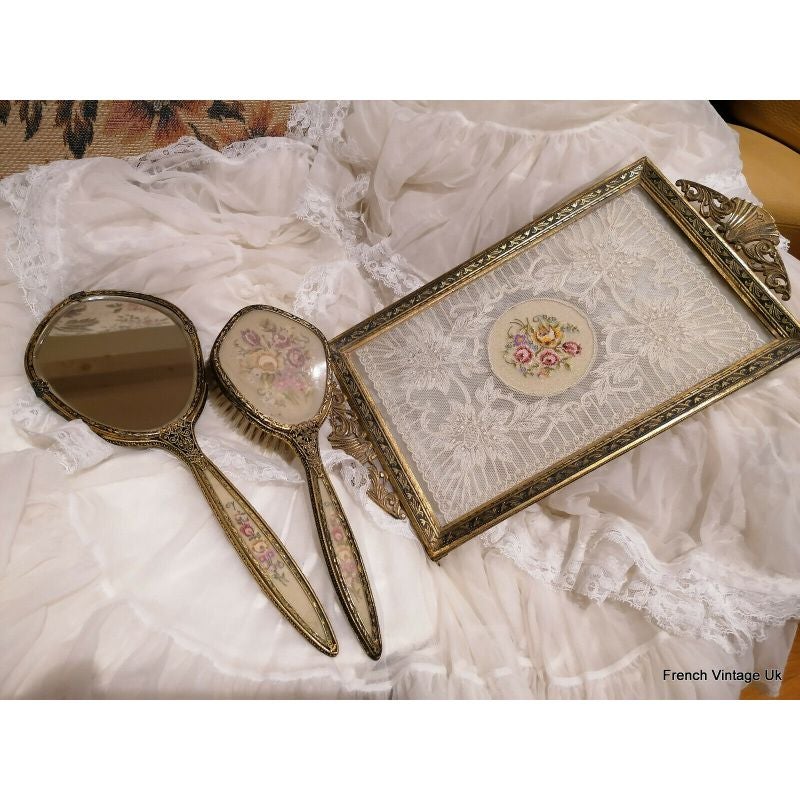 Vintage Lace Glass Tray Dressing Table Vanity Hand Mirror Hair Brush