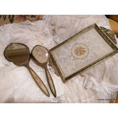 Vintage Lace Glass Tray Dressing Table Vanity Hand Mirror Hair Brush Embroidered