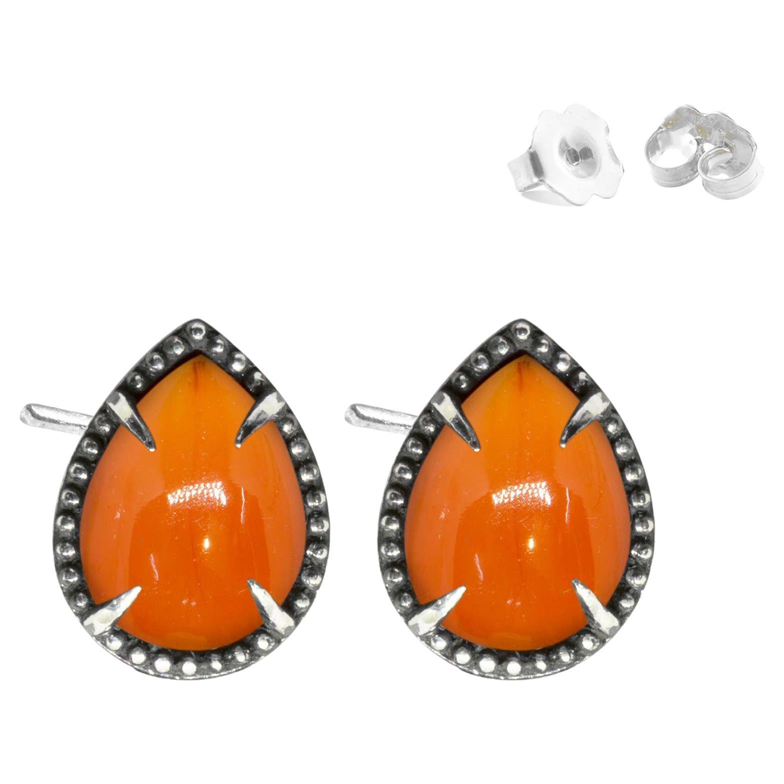 Vintage Lace Pear Carnelian Silver Stud Earrings For Sale