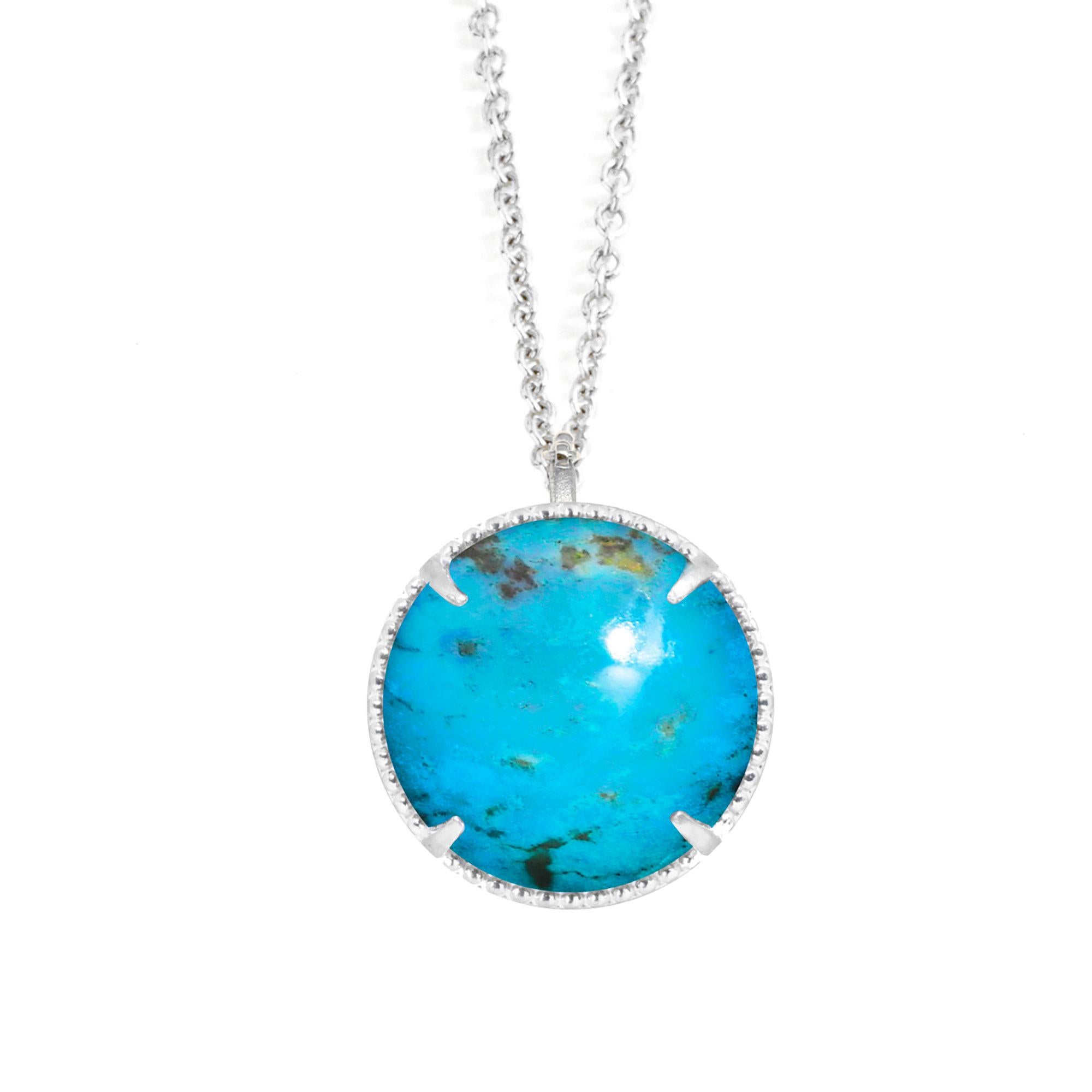 
Necklace Information
Metal: Sterling Silver
Length: 15-17''

Gemstone Information
Stone Size: 10mm
Total Carat Weight: 4
About the stones:
Genuine Turquoise: Turquoise is an opaque blue-to-green mineral, technically a hydrated phosphate of copper