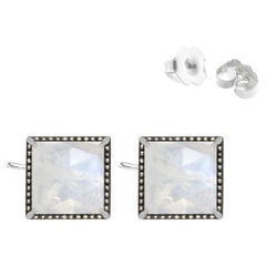 Vintage Lace Square Moonstone Silver Stud Earrings
