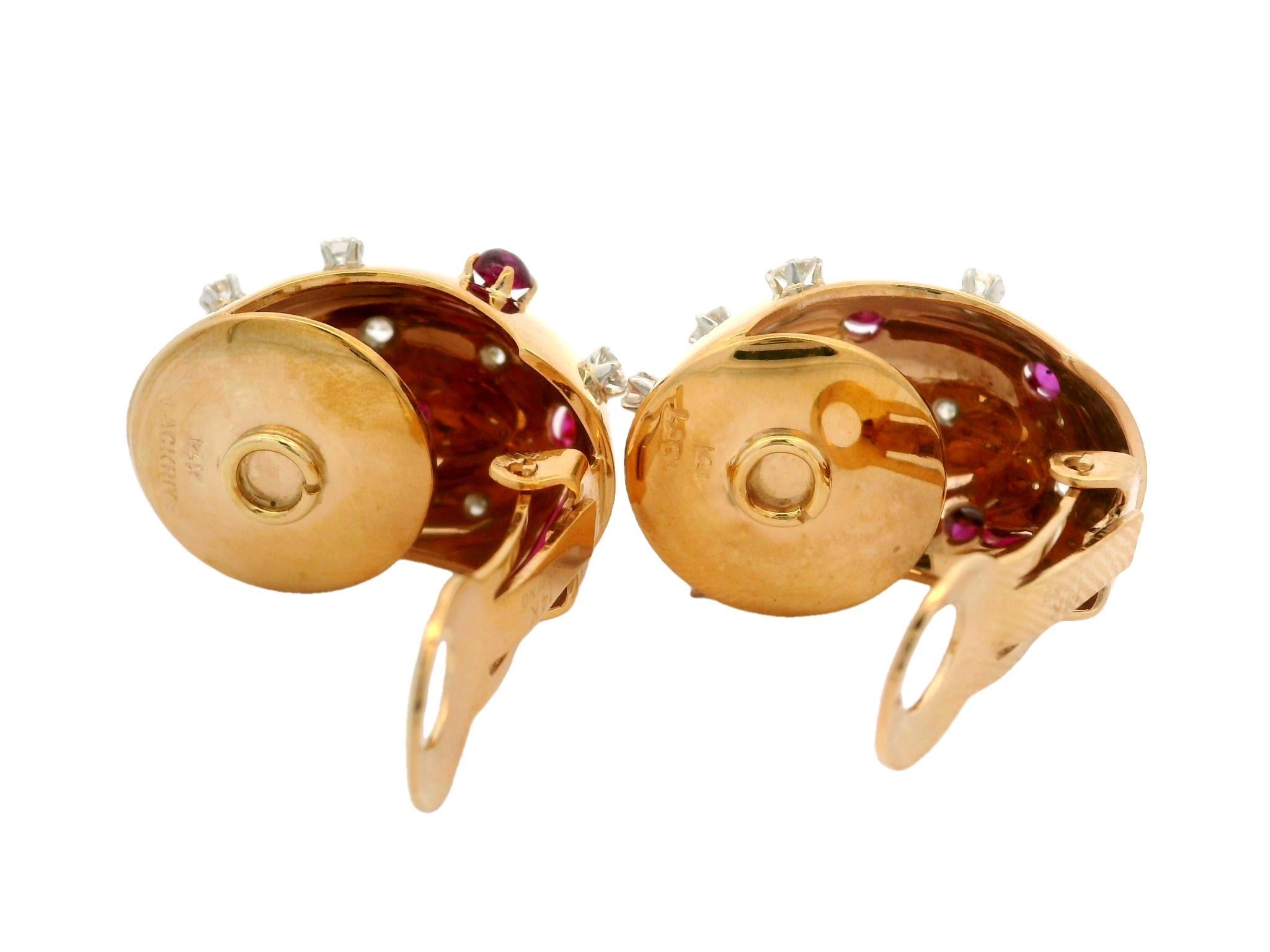Orecchini Sputnik d'epoca in oro giallo Lackritz con diamanti e rubini a cupola in vendita 2