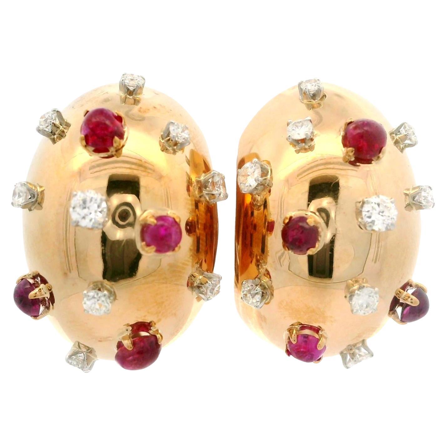 Vintage Lackritz Yellow Gold Diamond & Ruby Domed Cuff Sputnik Earrings