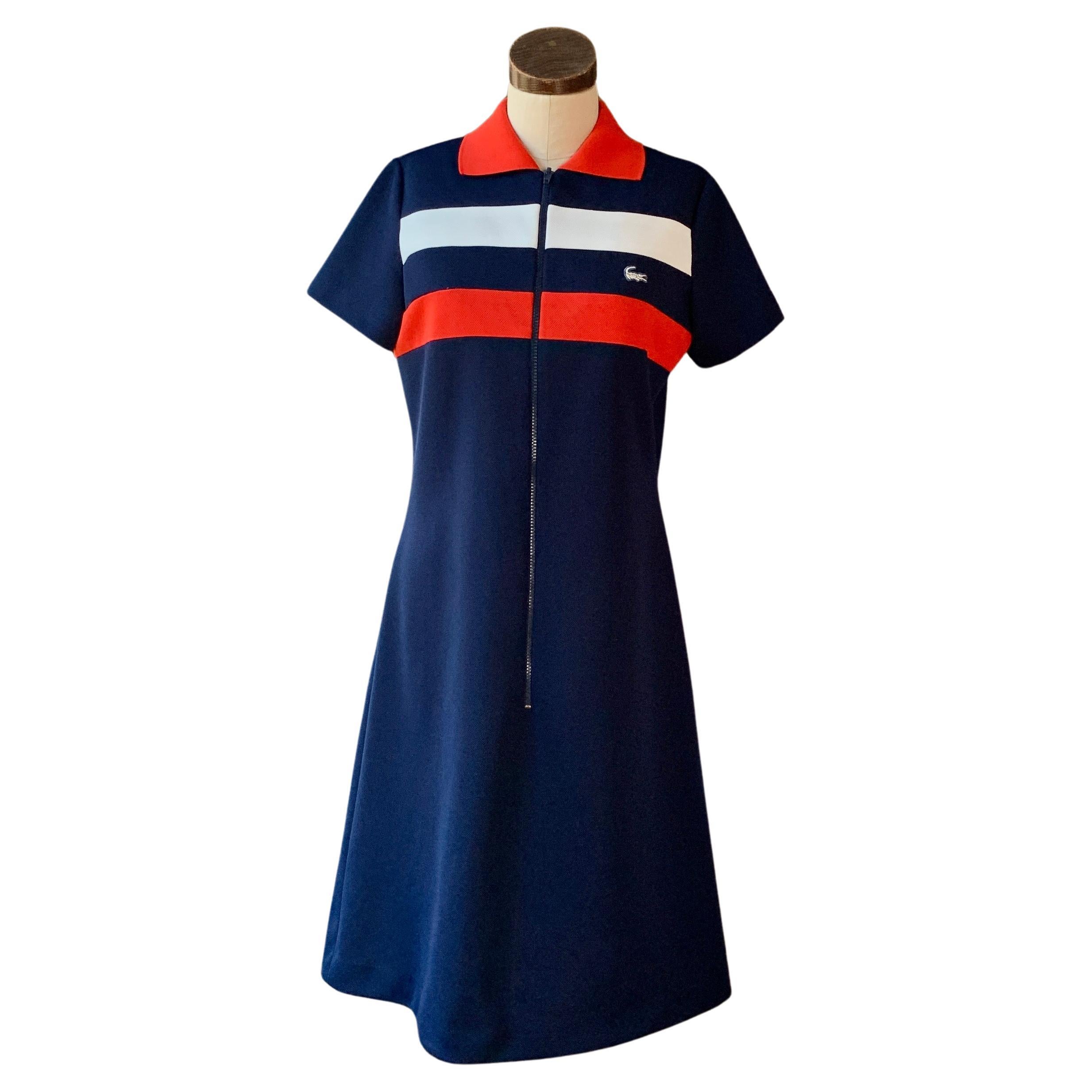 Vintage LACOSTE DAVID CRYSTAL FASHION Streifen Kragenkragen Polyester SCOOTER Kleid M/L im Angebot