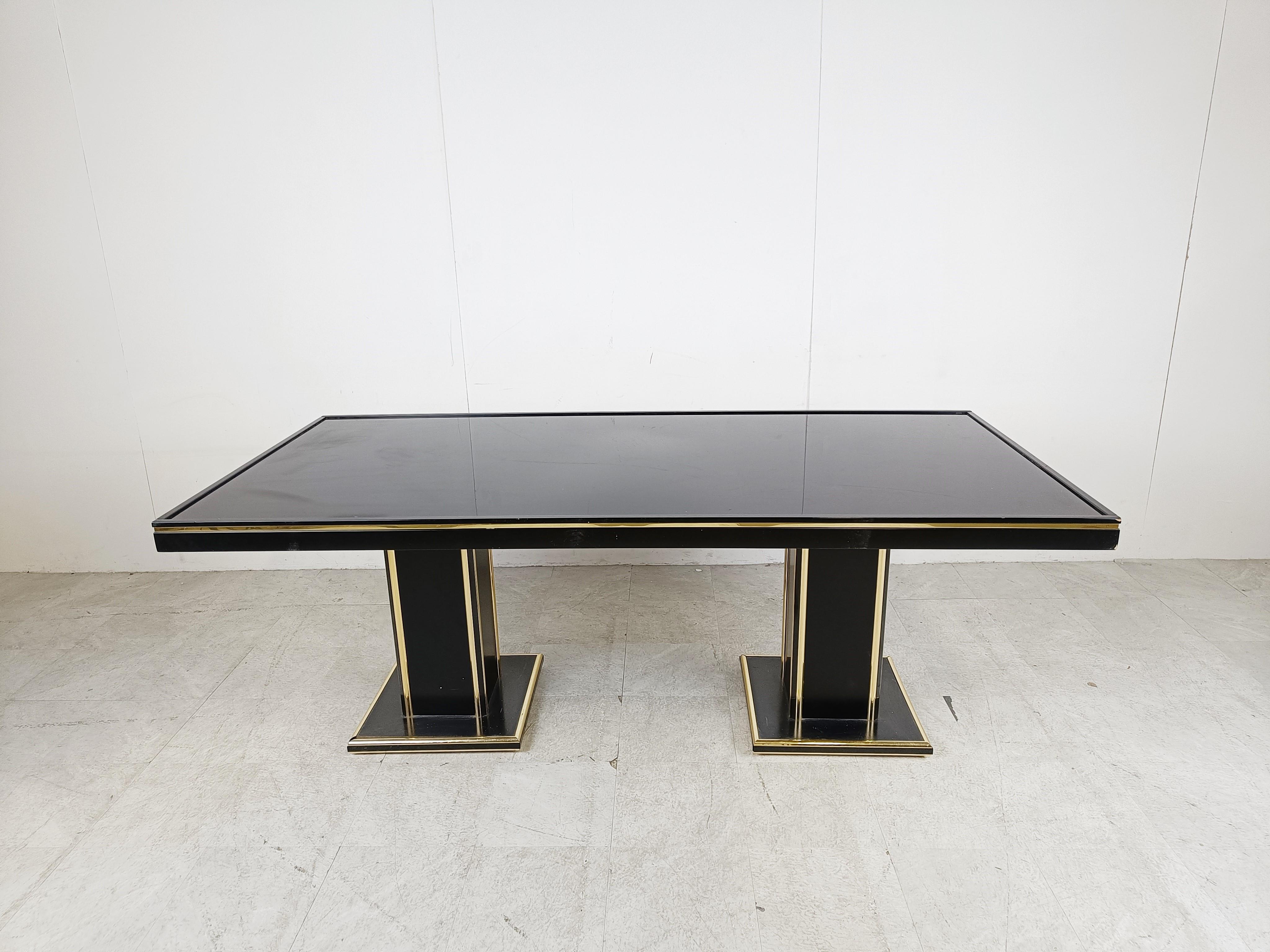 French Vintage lacquer and brass dining table, 1970s For Sale