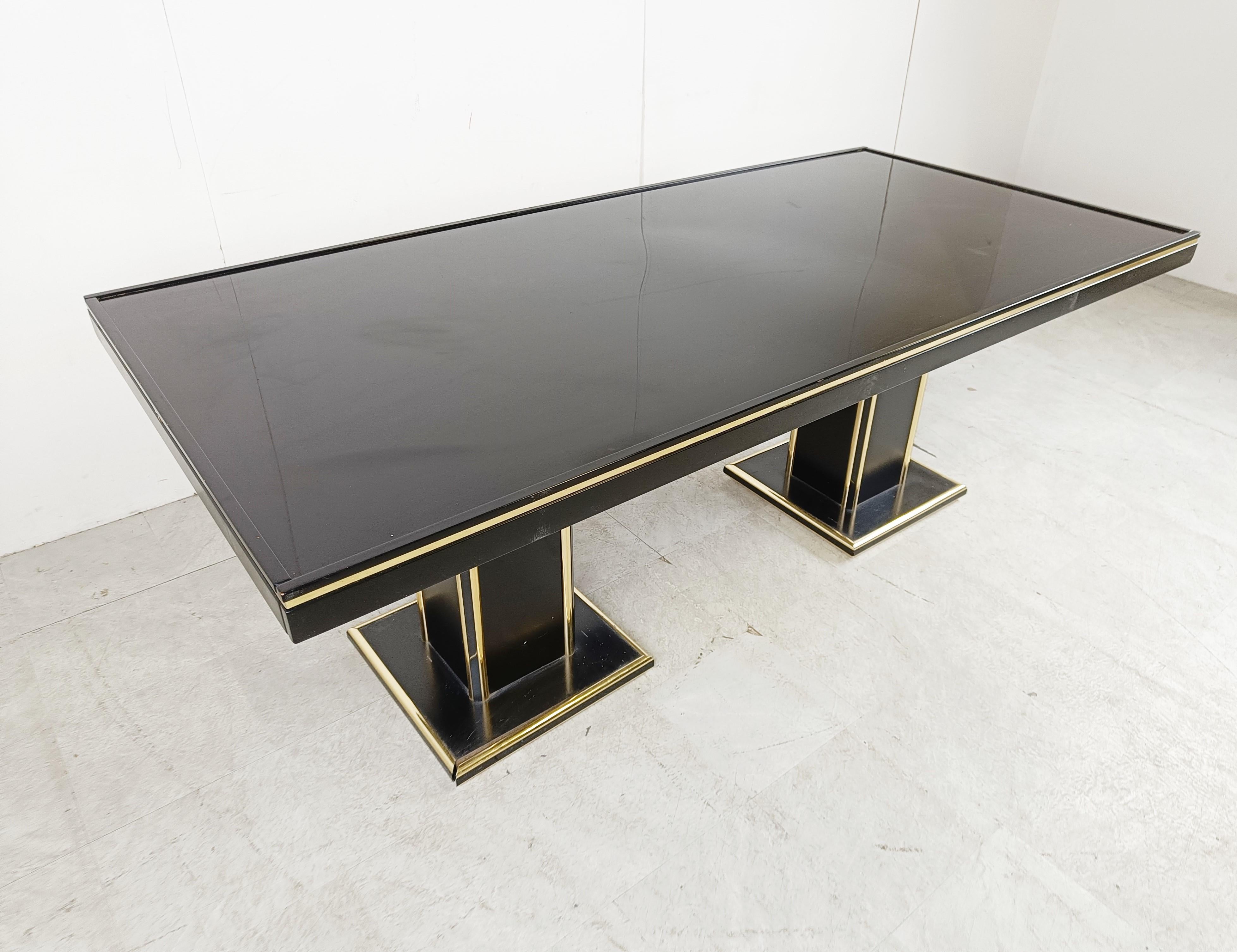 Brass Vintage lacquer and brass dining table, 1970s For Sale