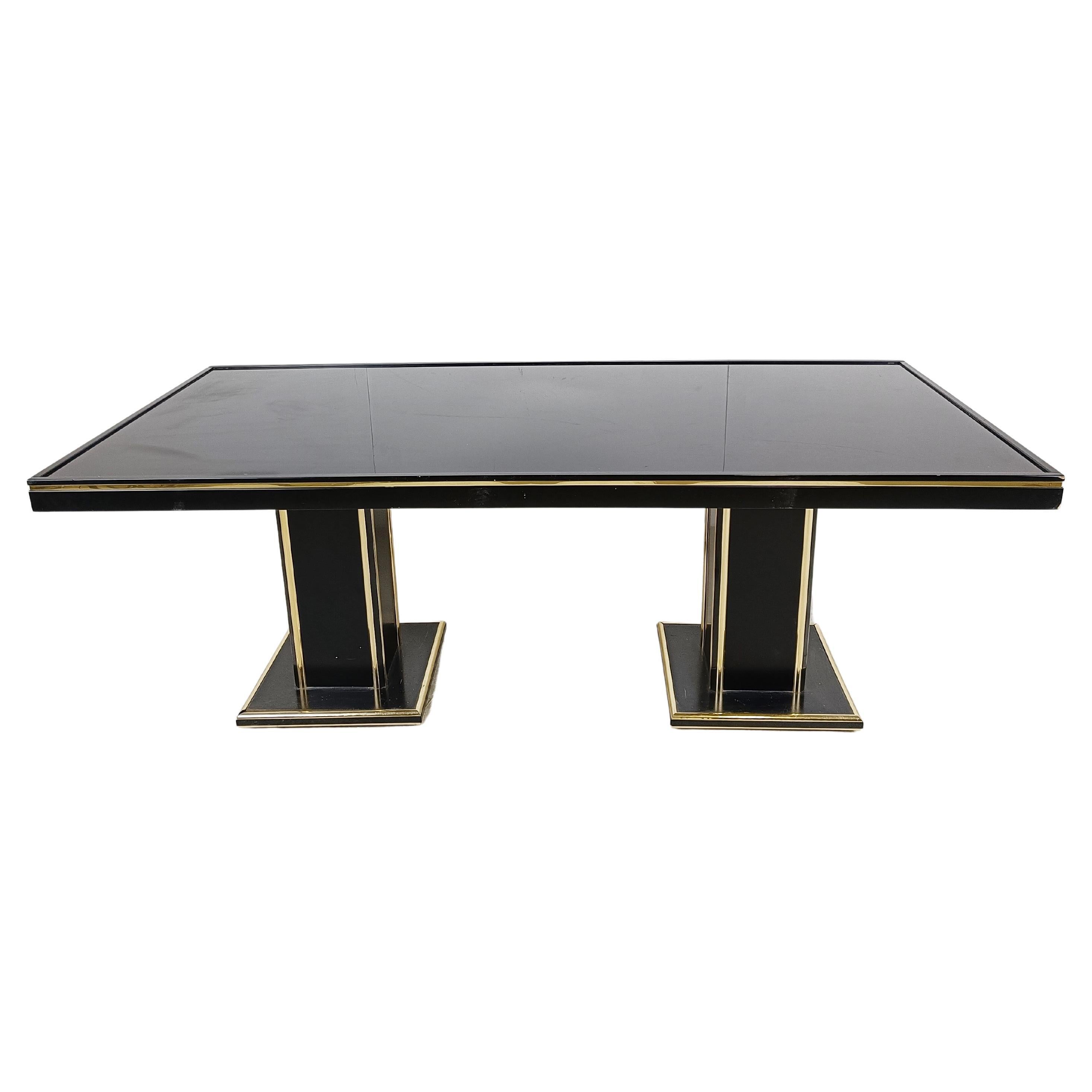 Vintage lacquer and brass dining table, 1970s For Sale
