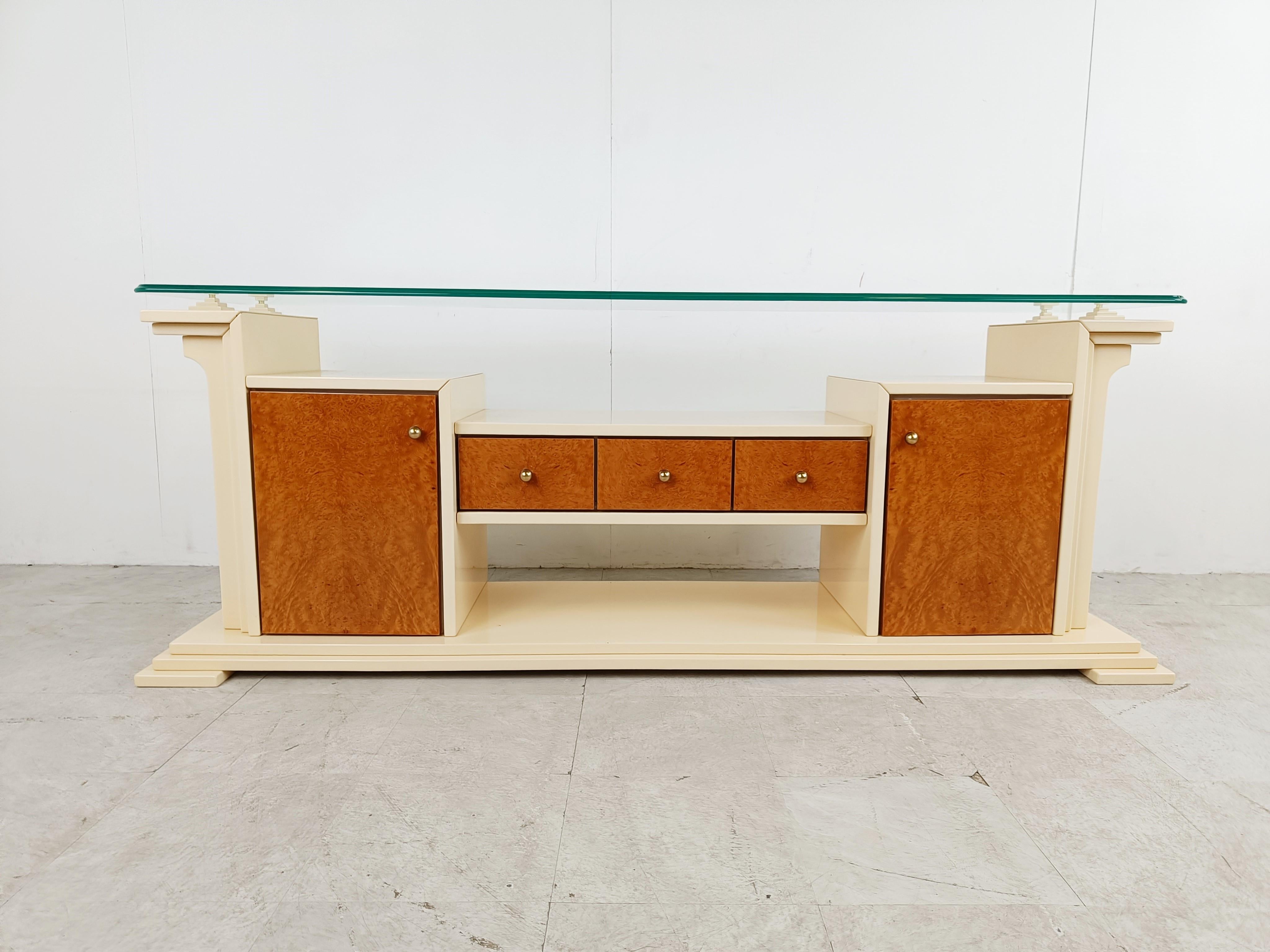 French Vintage lacquer and burl wood credenza, 1980s For Sale