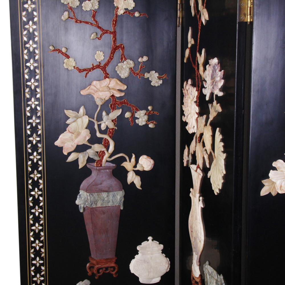 20th Century Vintage Lacquer and Carved Hardstone Screen