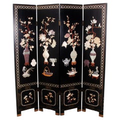 Vintage Lacquer and Carved Hardstone Screen