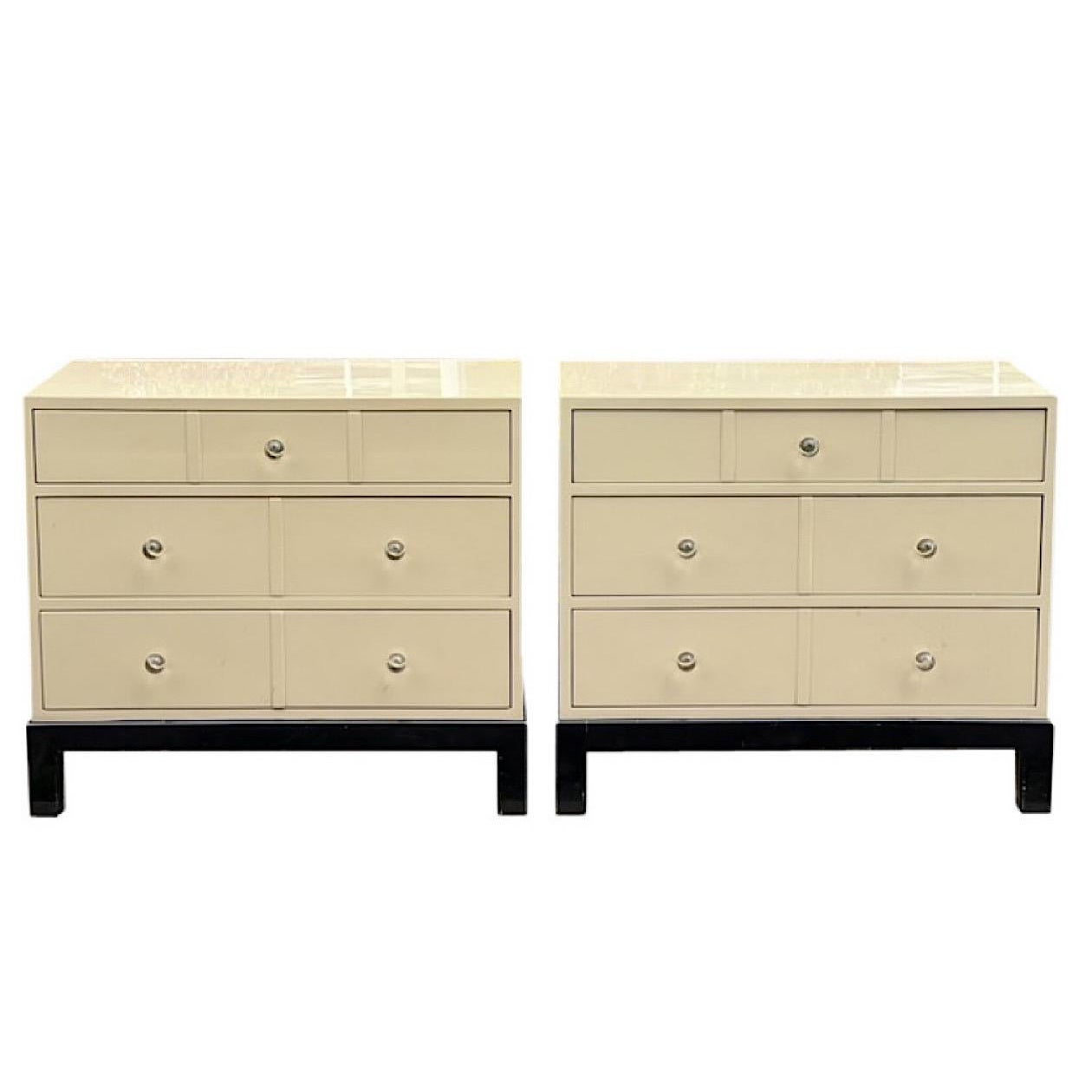 Vintage Lacquer Laminate Nightstands with Lucite Knobs, a Pair